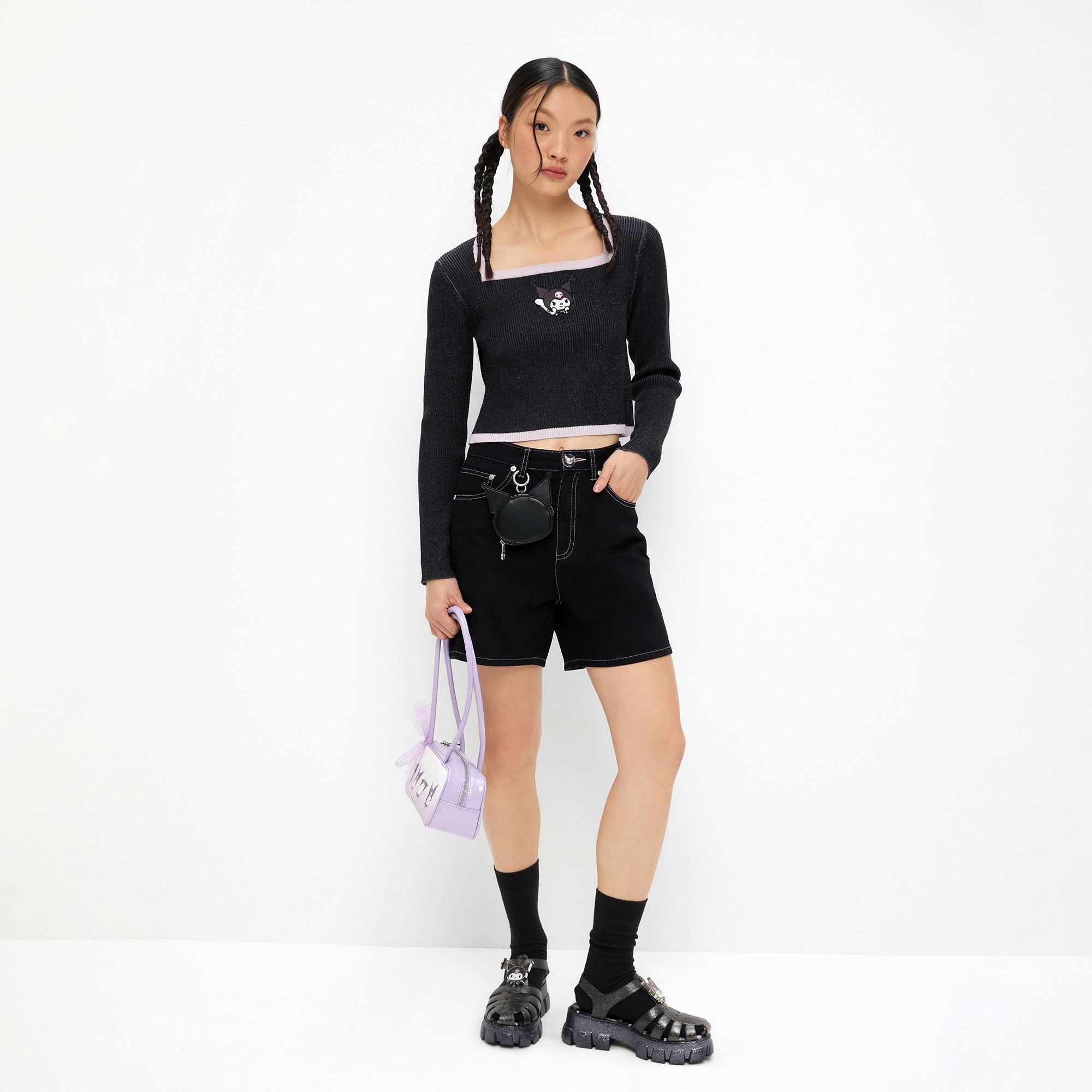 Kuromi Rib Long Sleeve Top Black