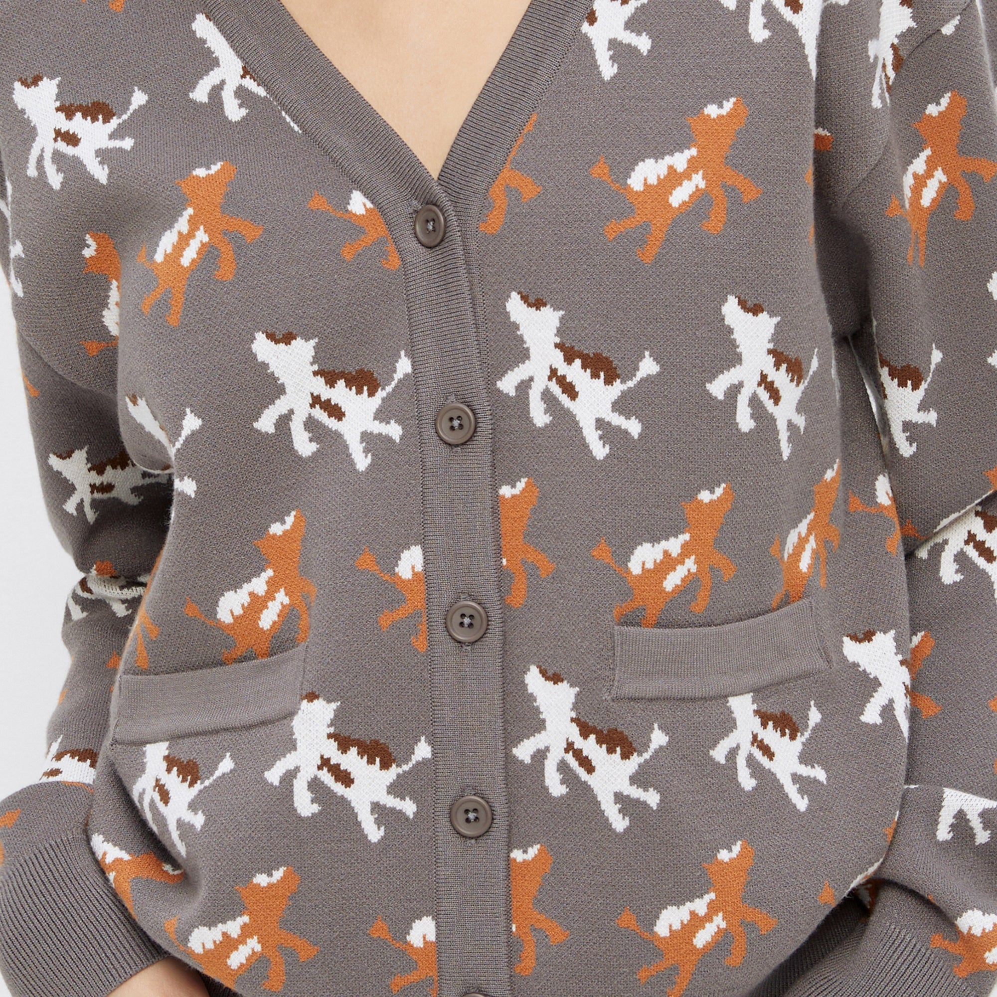 Animal Embroidery Long Sleeve Cardigan Grey
