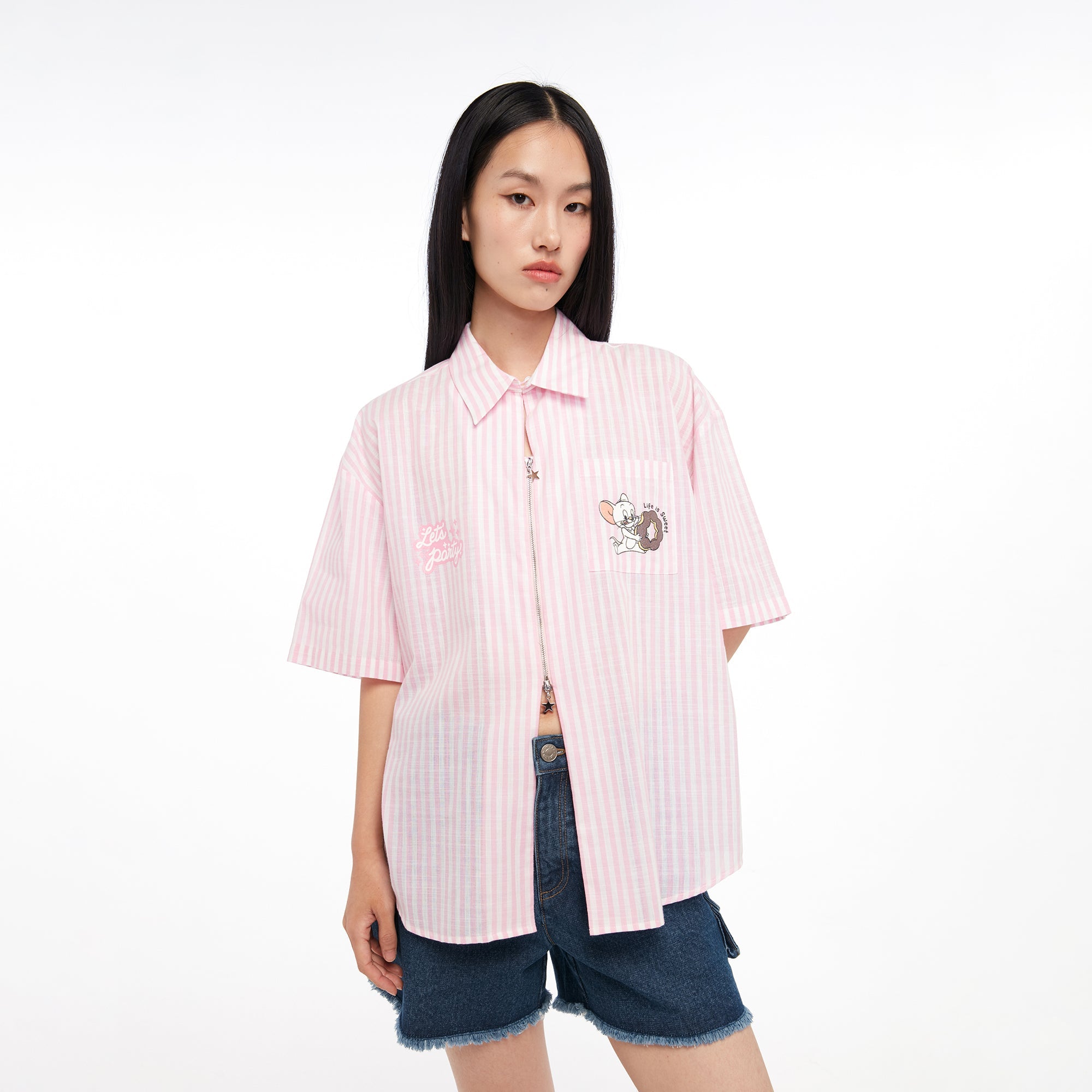 Stripe Zip Up Tom and Jerry Short Sleeve Shirt Striped Pink