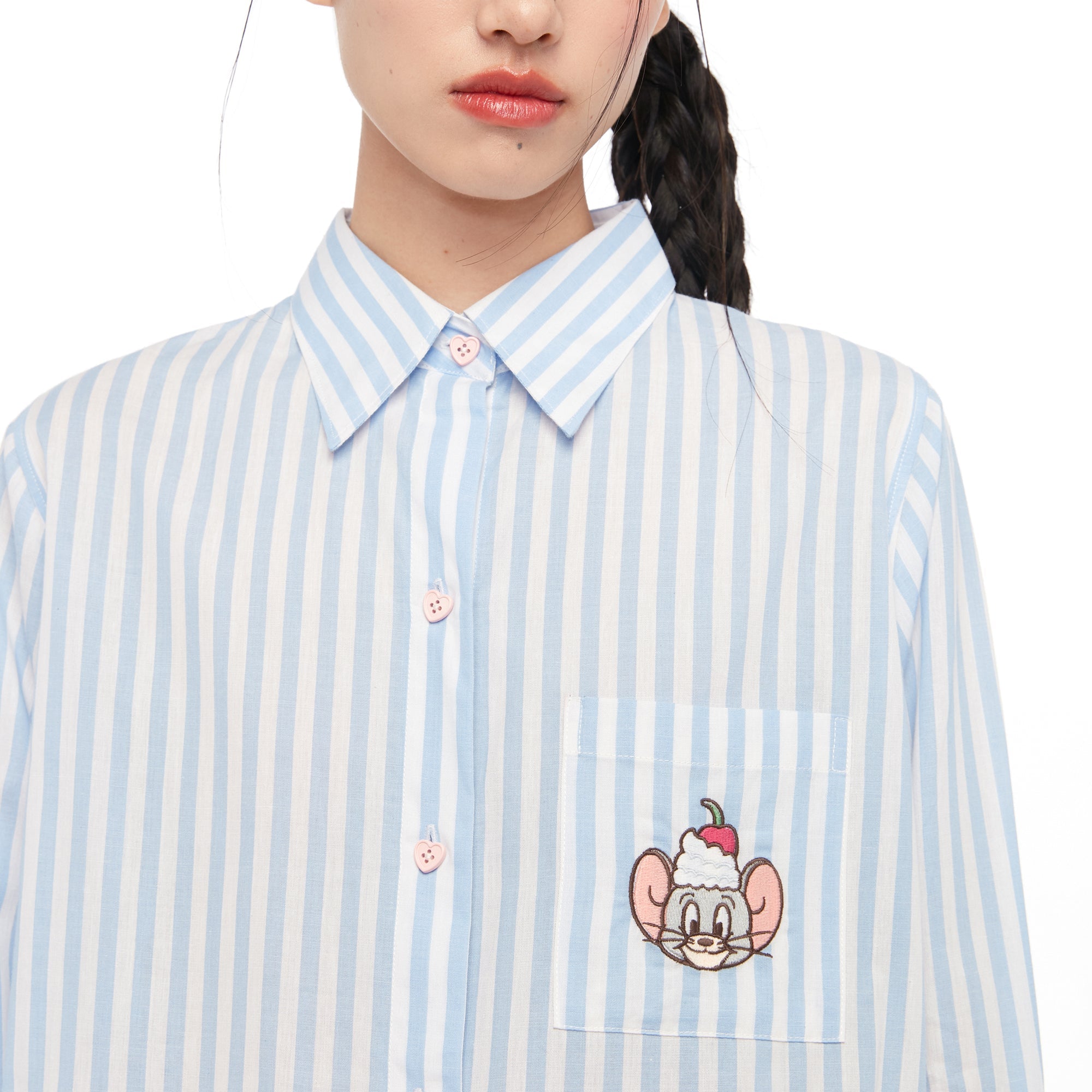 Tom and Jerry Stripe Embroidery Shirt Striped Blue