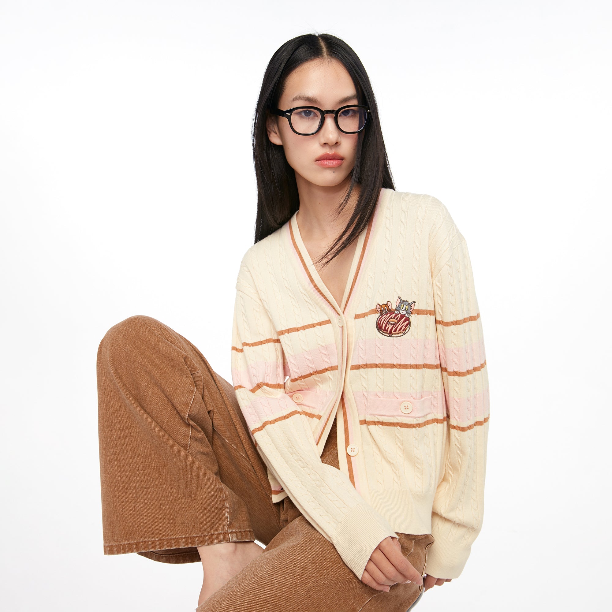 Tom and Jerry Embroidery Cable Knitted Cardigan Multi Color