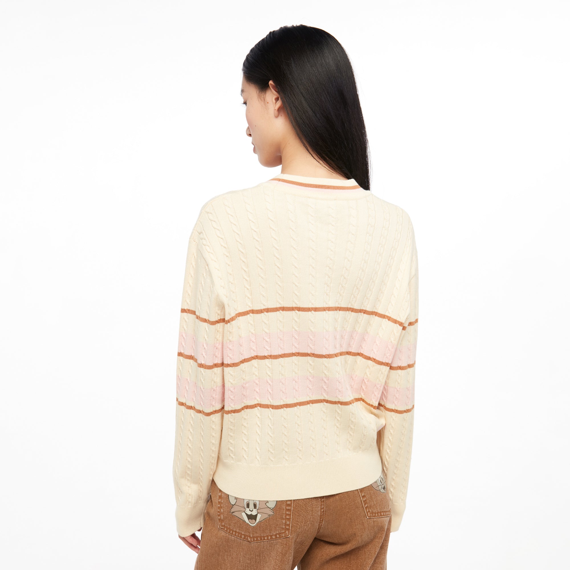 Tom and Jerry Embroidery Cable Knitted Cardigan Multi Color