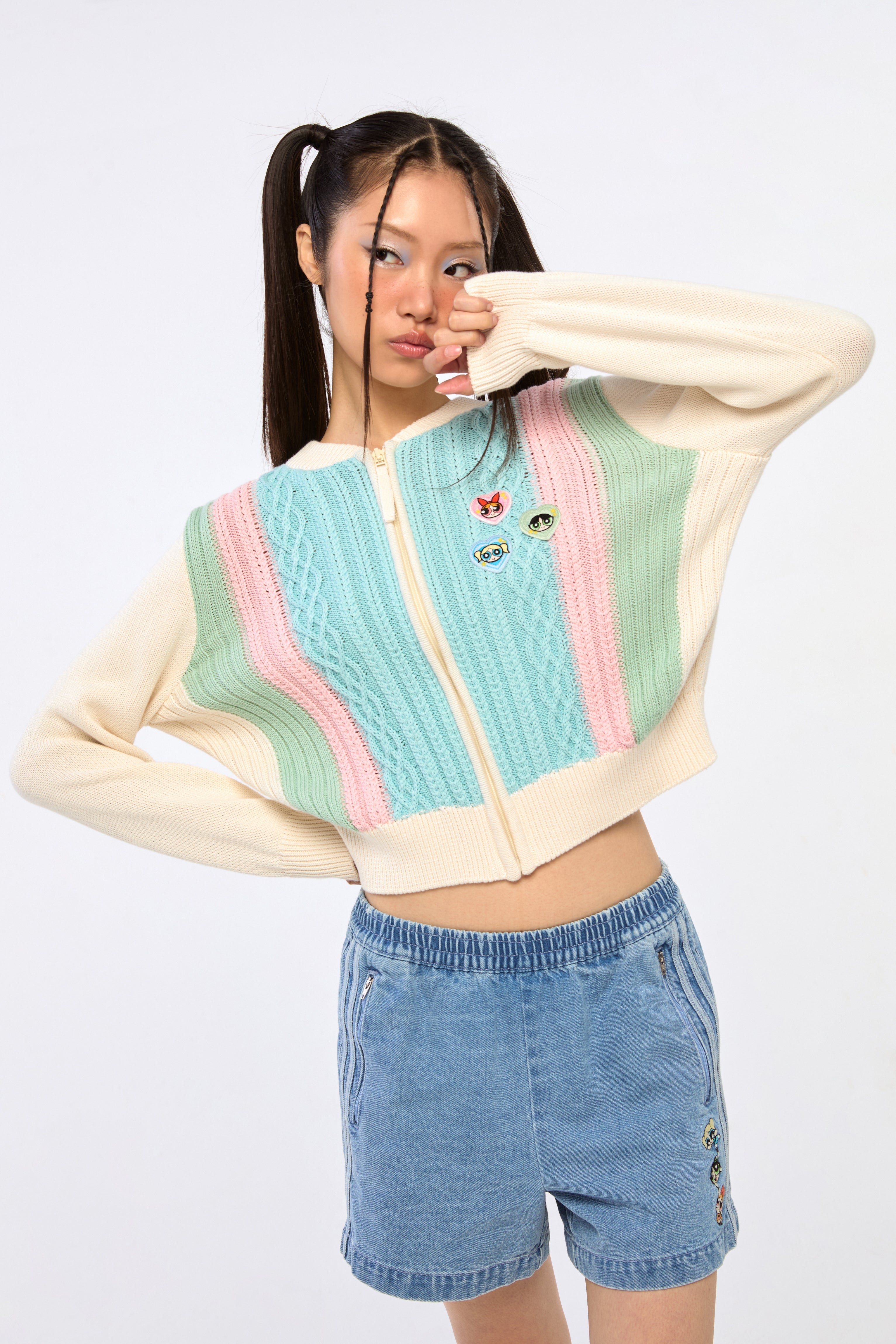 Powerpuff Girl Cable Knitted Zip Up Cardigan