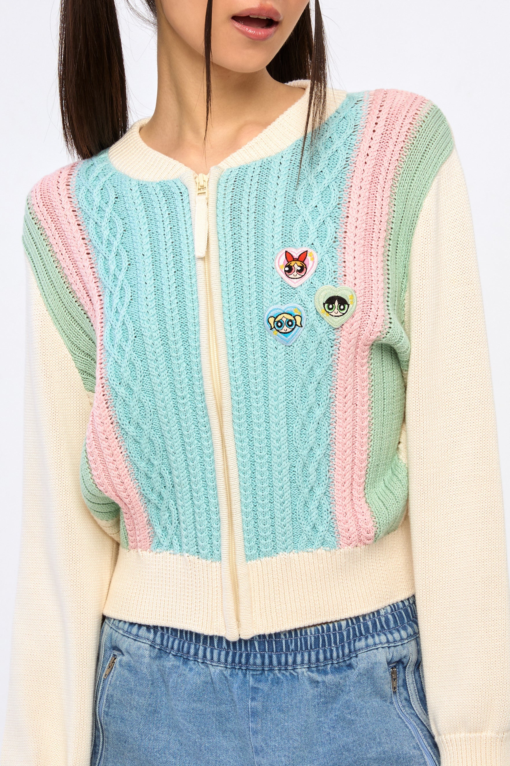 Powerpuff Girl Cable Knitted Zip Up Cardigan