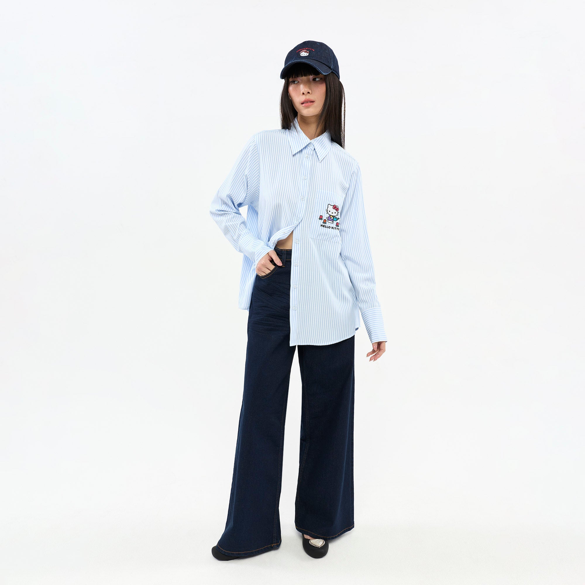Hello Kitty Pinstripe Embroidered Long Sleeve Shirt Striped Blue