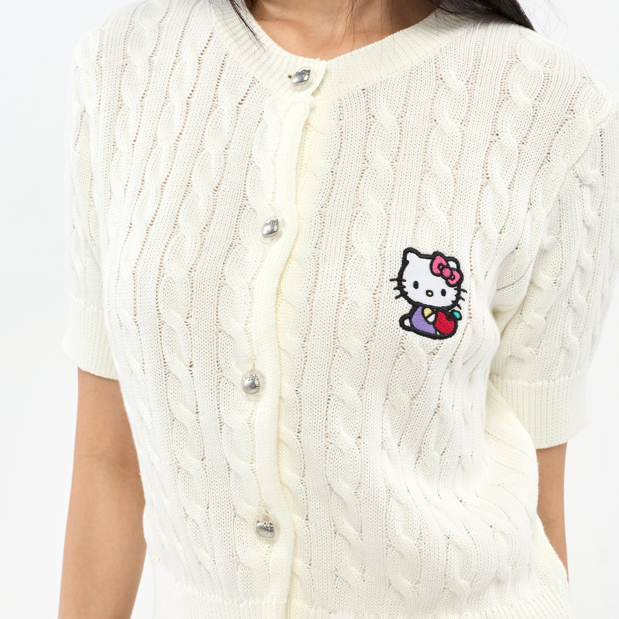 Hello Kitty Cable Knit Short Sleeve Cardigan White