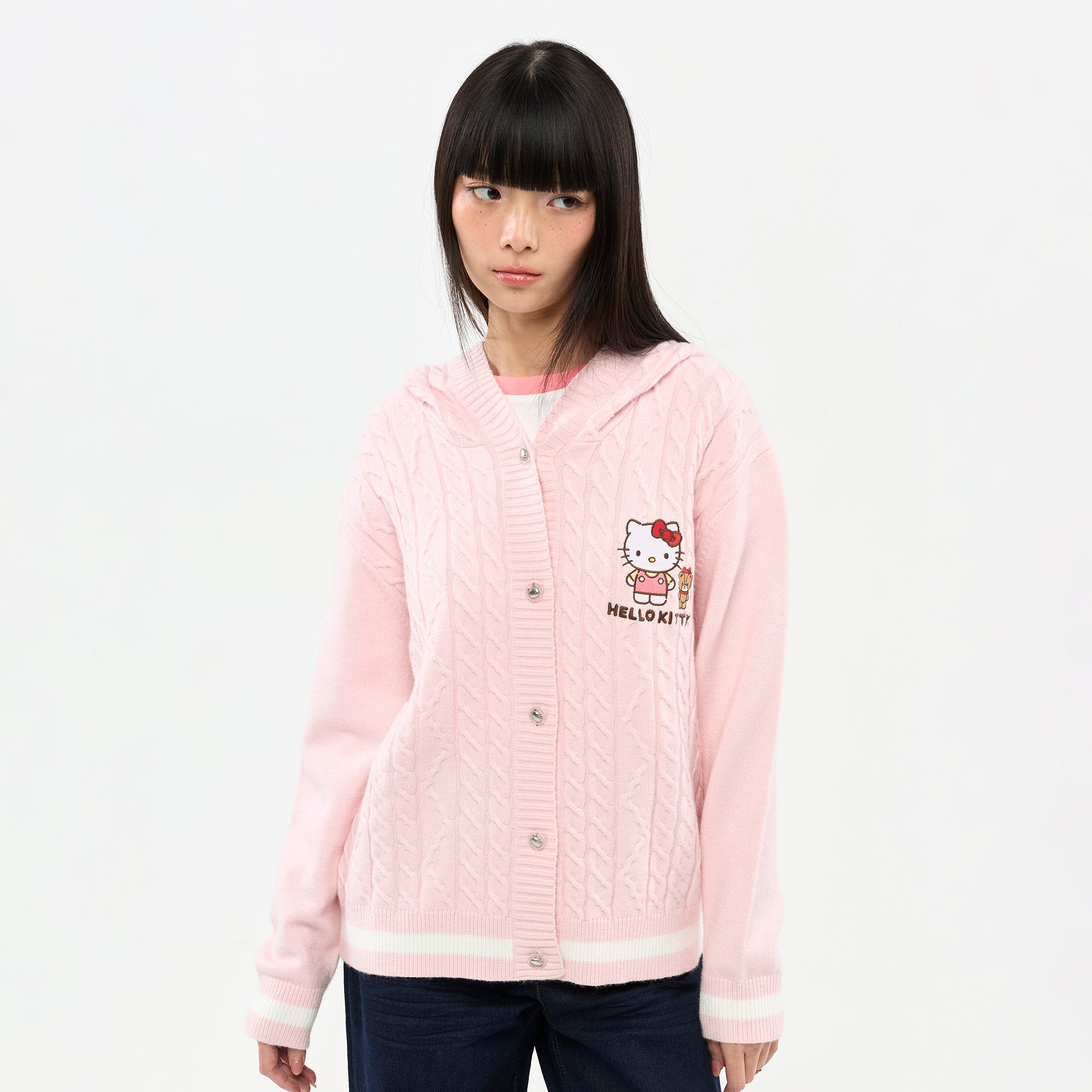 Hello Kitty Cable Knit Hooded Cardigan Pink