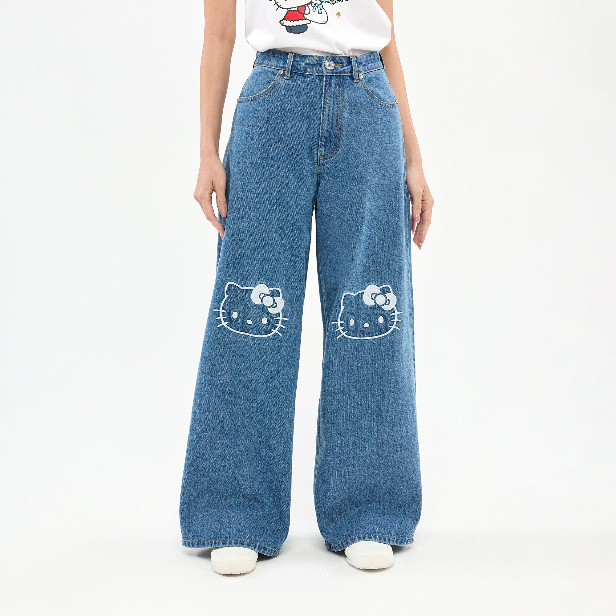 Hello Kitty Embroidered Wide-Leg Jeans Blue