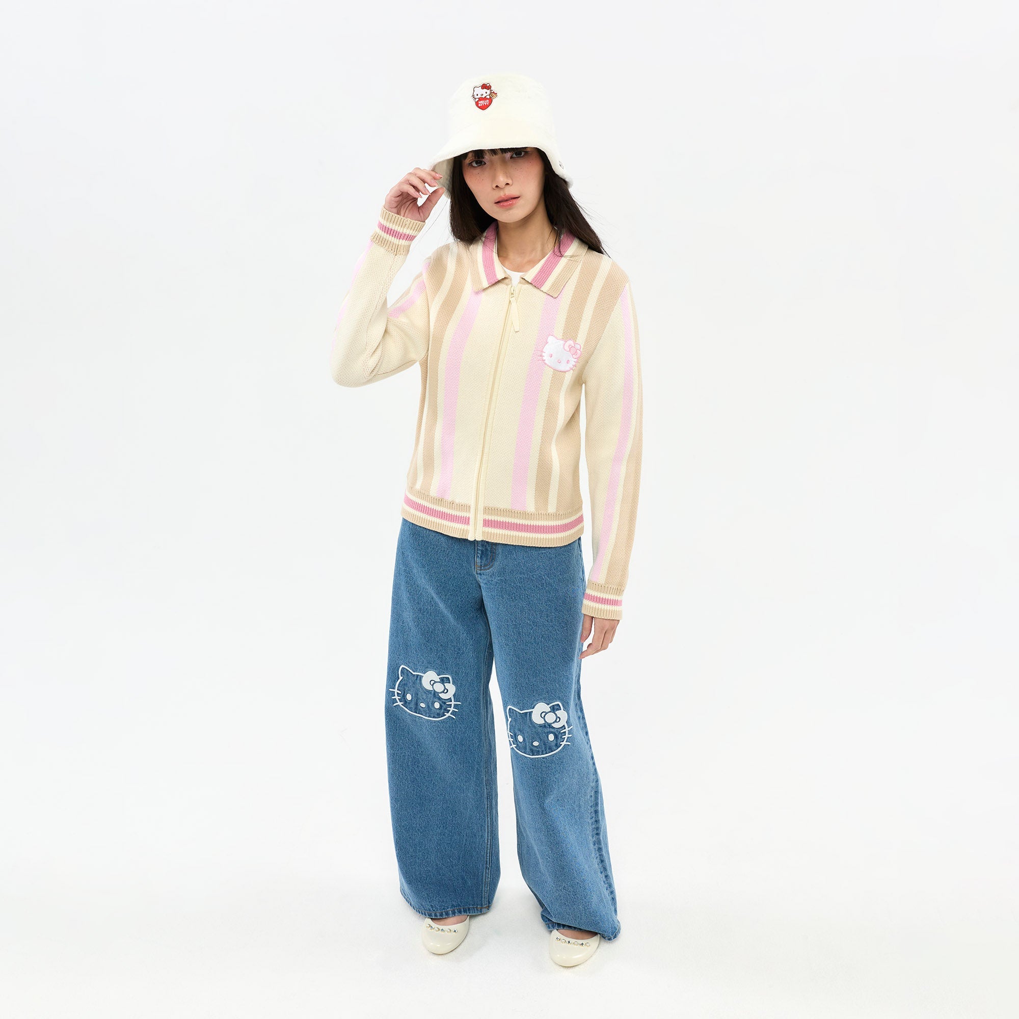 Hello Kitty Striped Embroidered Knit Jacket Multi Color