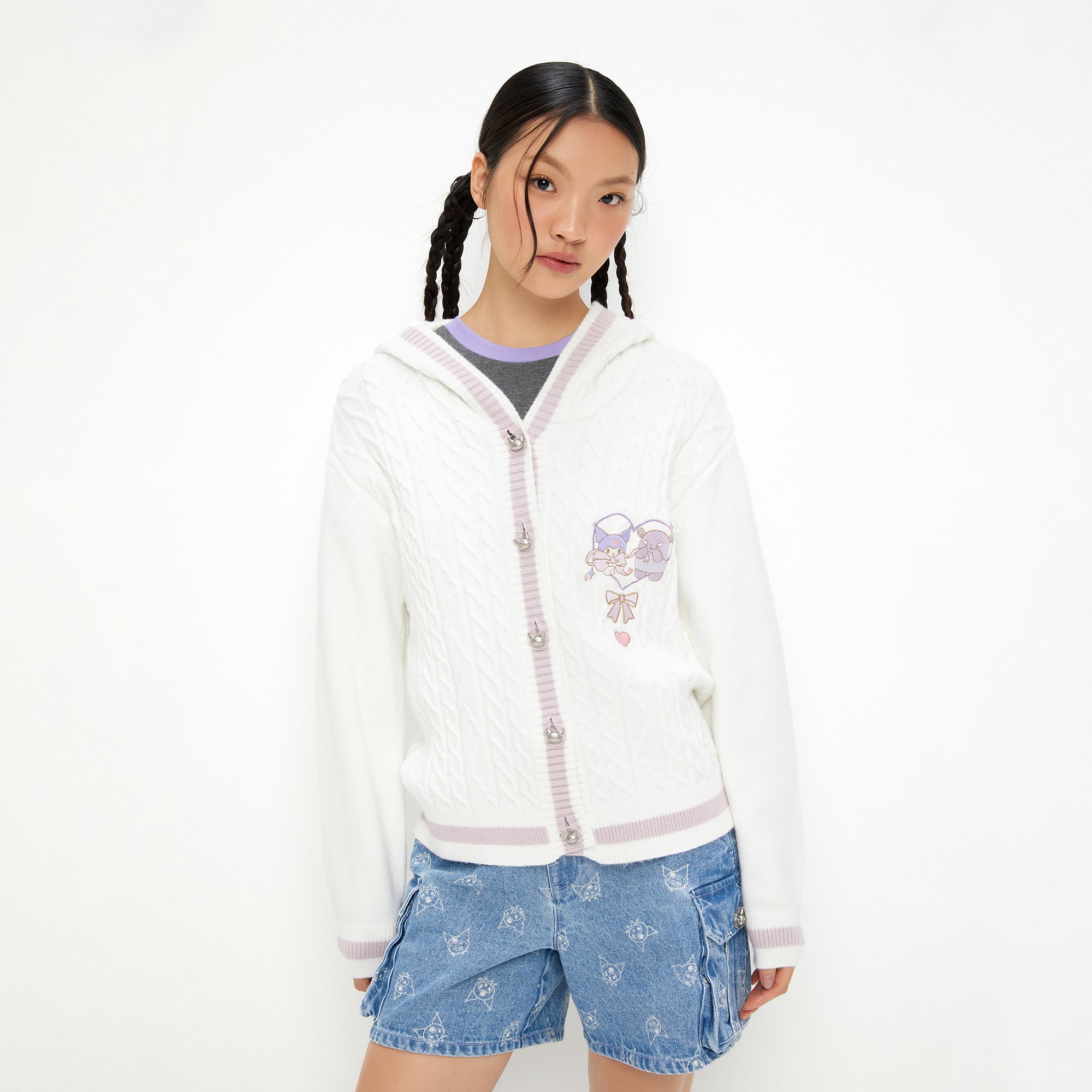 Kuromi Cable Knitted Long Sleeve Cardigan White