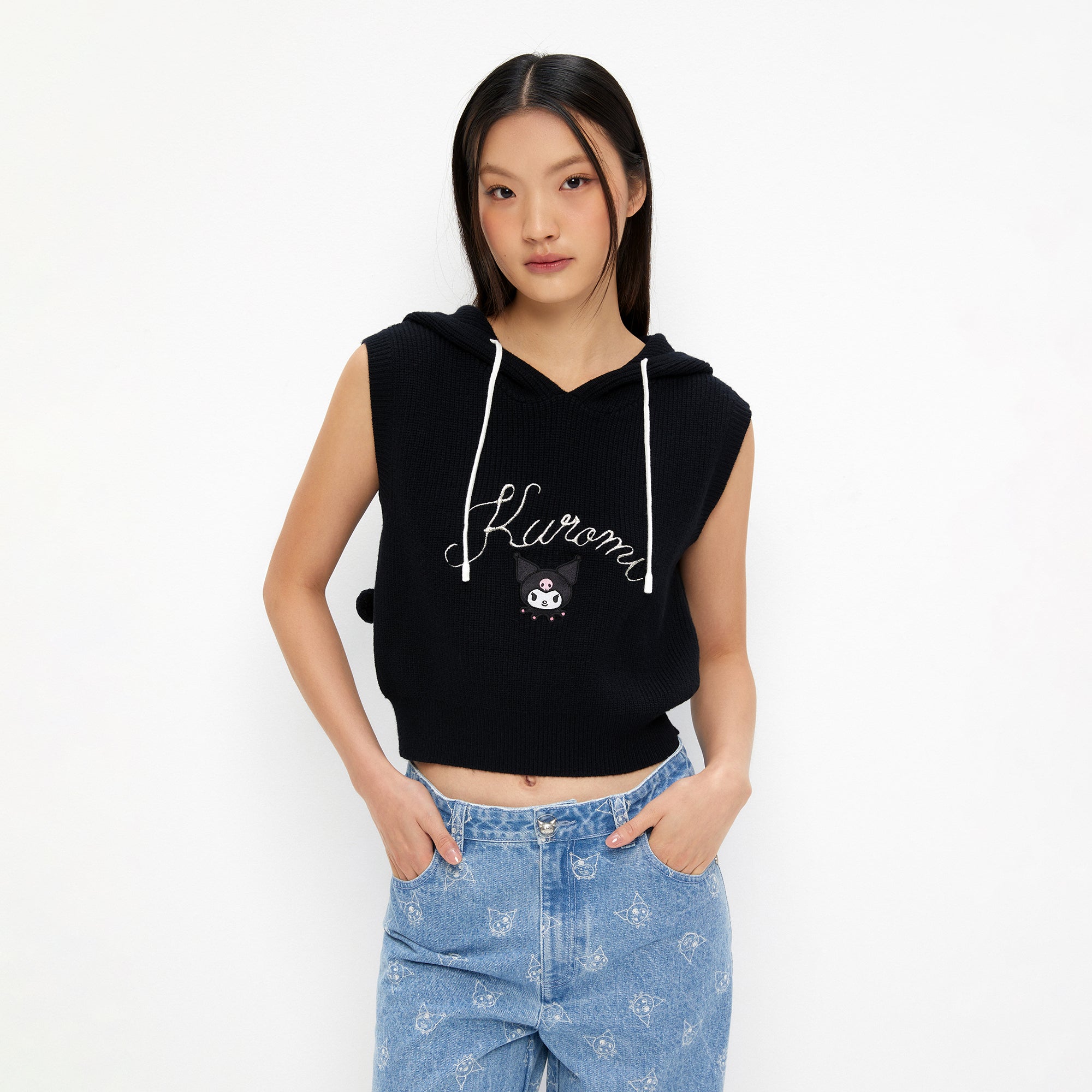 Kuromi Rib Sleeveless Hood Top Black