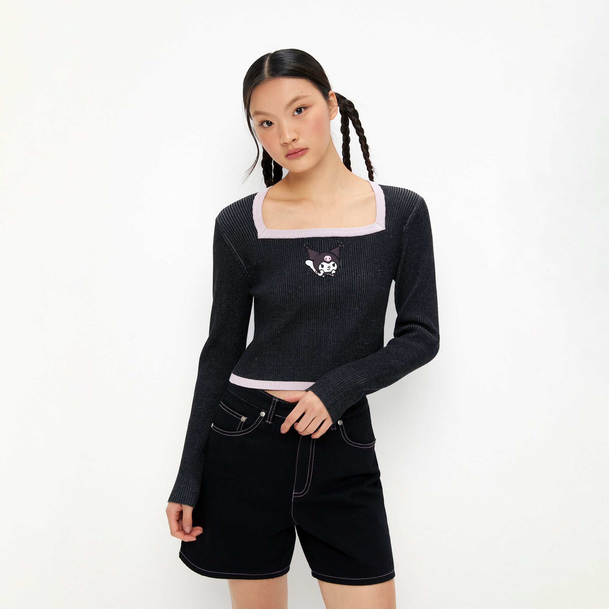 Kuromi Rib Long Sleeve Top Black
