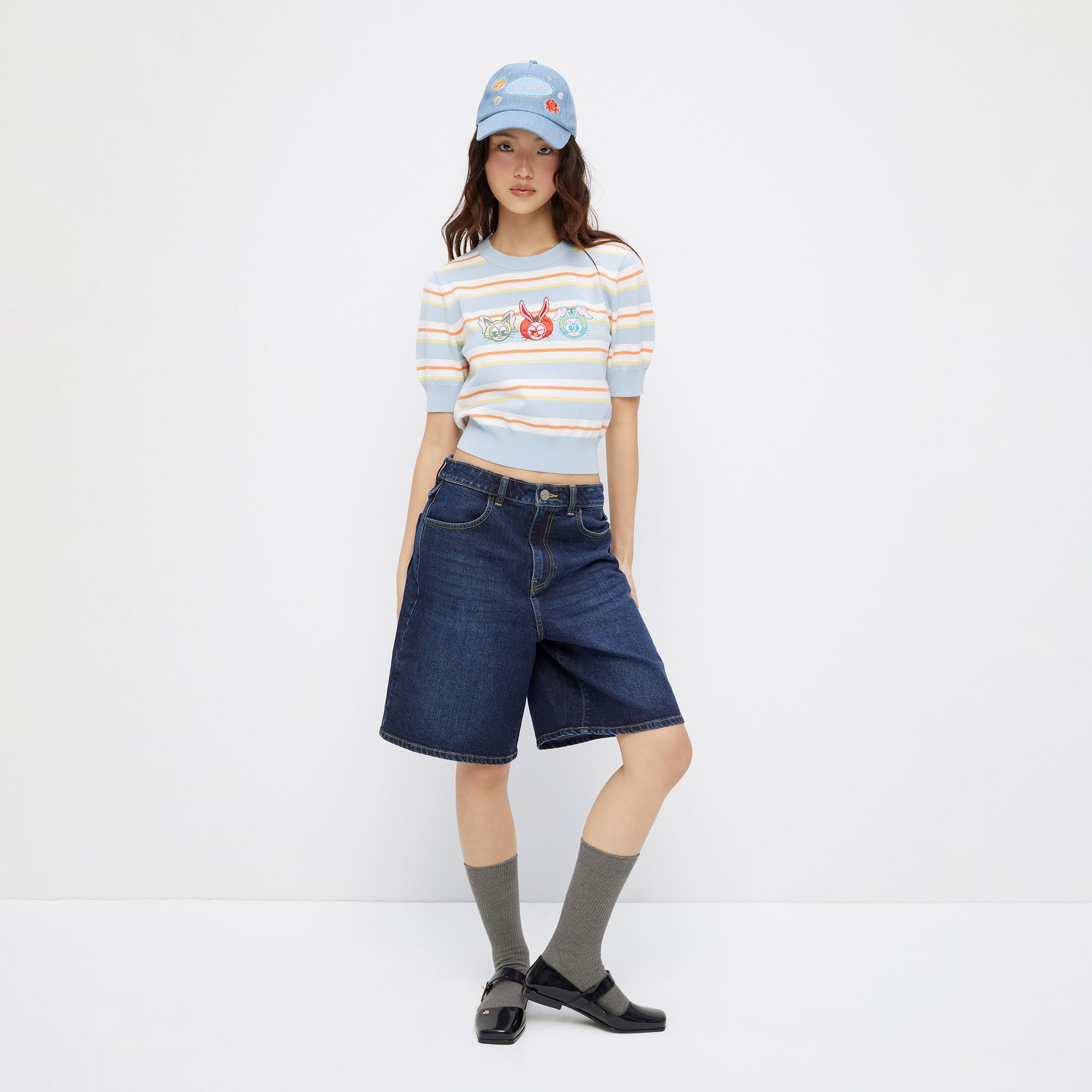 Embroidery Stripe Knit Top Multi Color