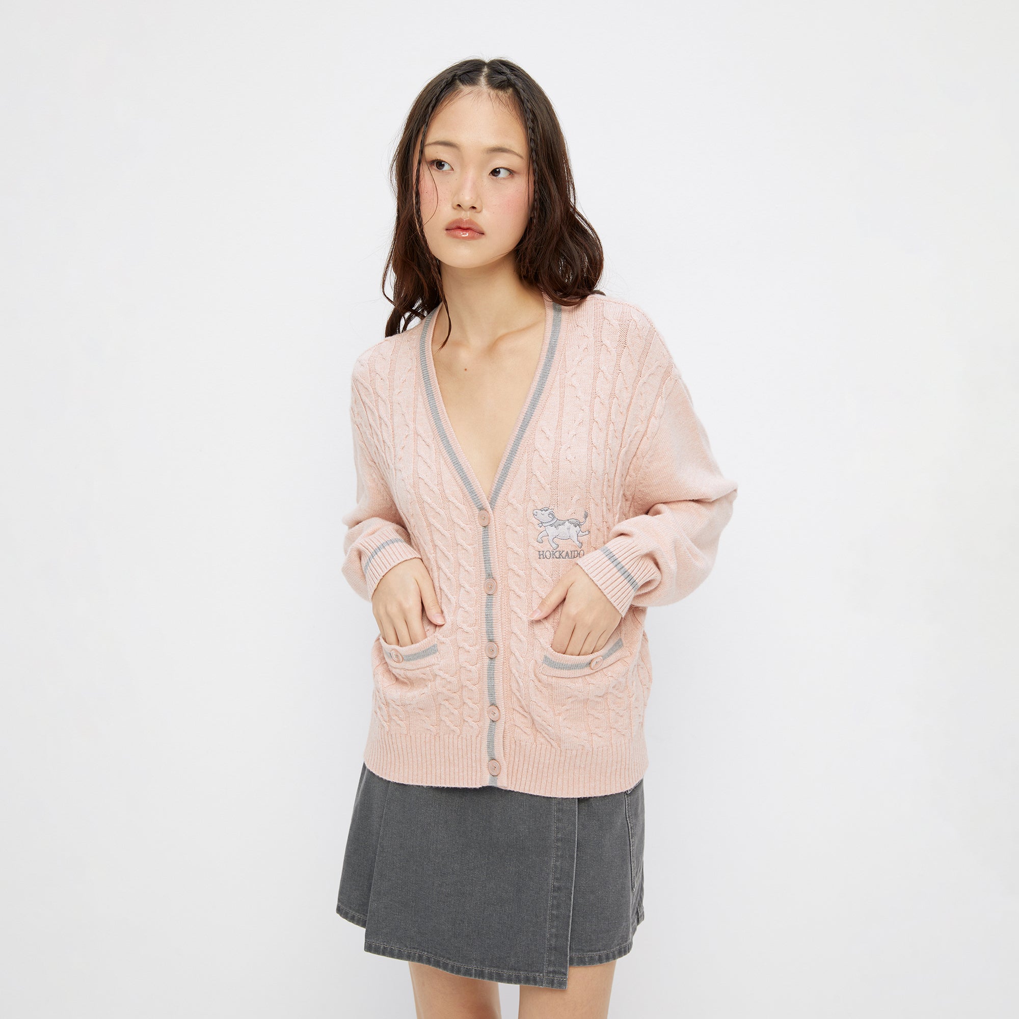 Cable Knit Long Sleeve Cardigan Pink