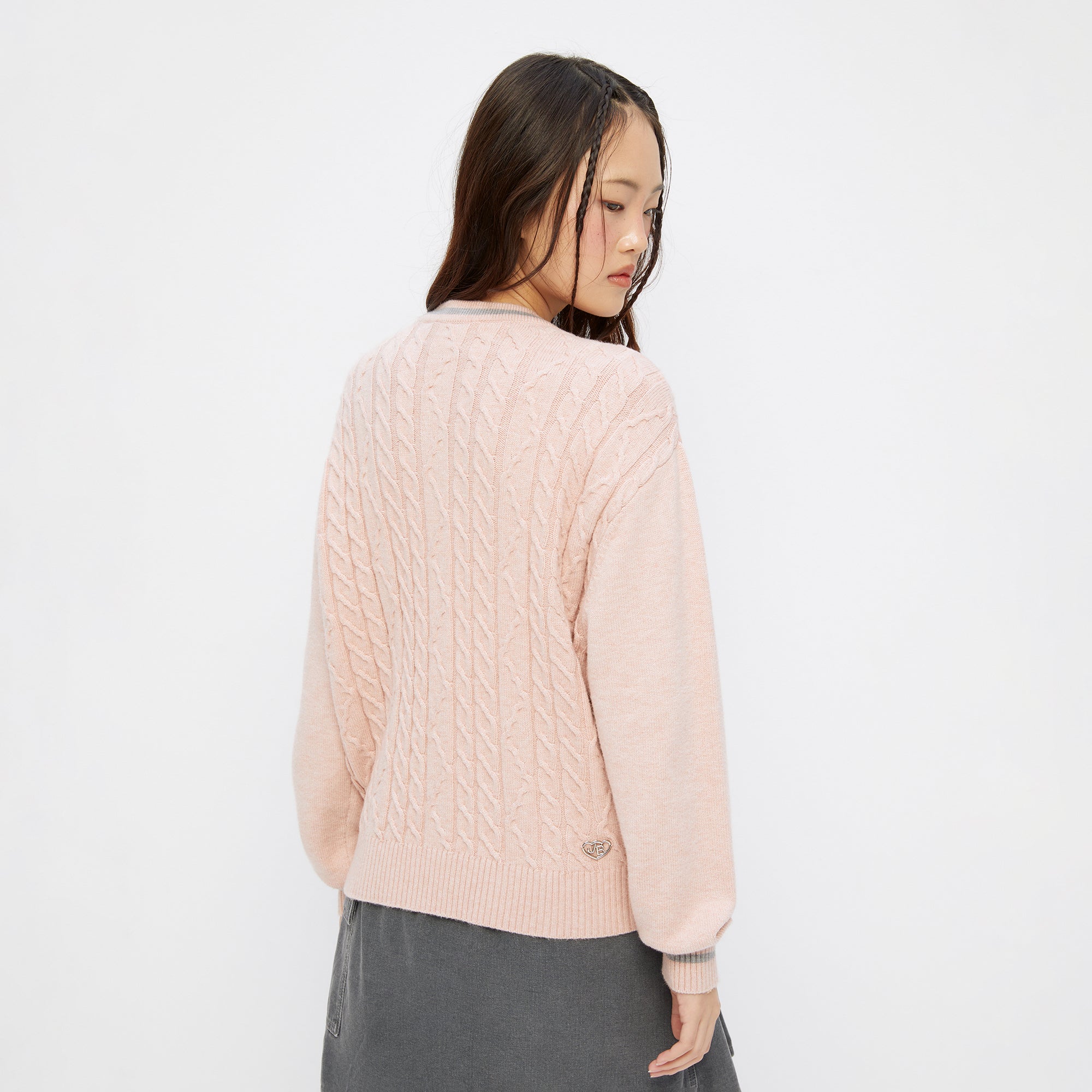 Cable Knit Long Sleeve Cardigan Pink