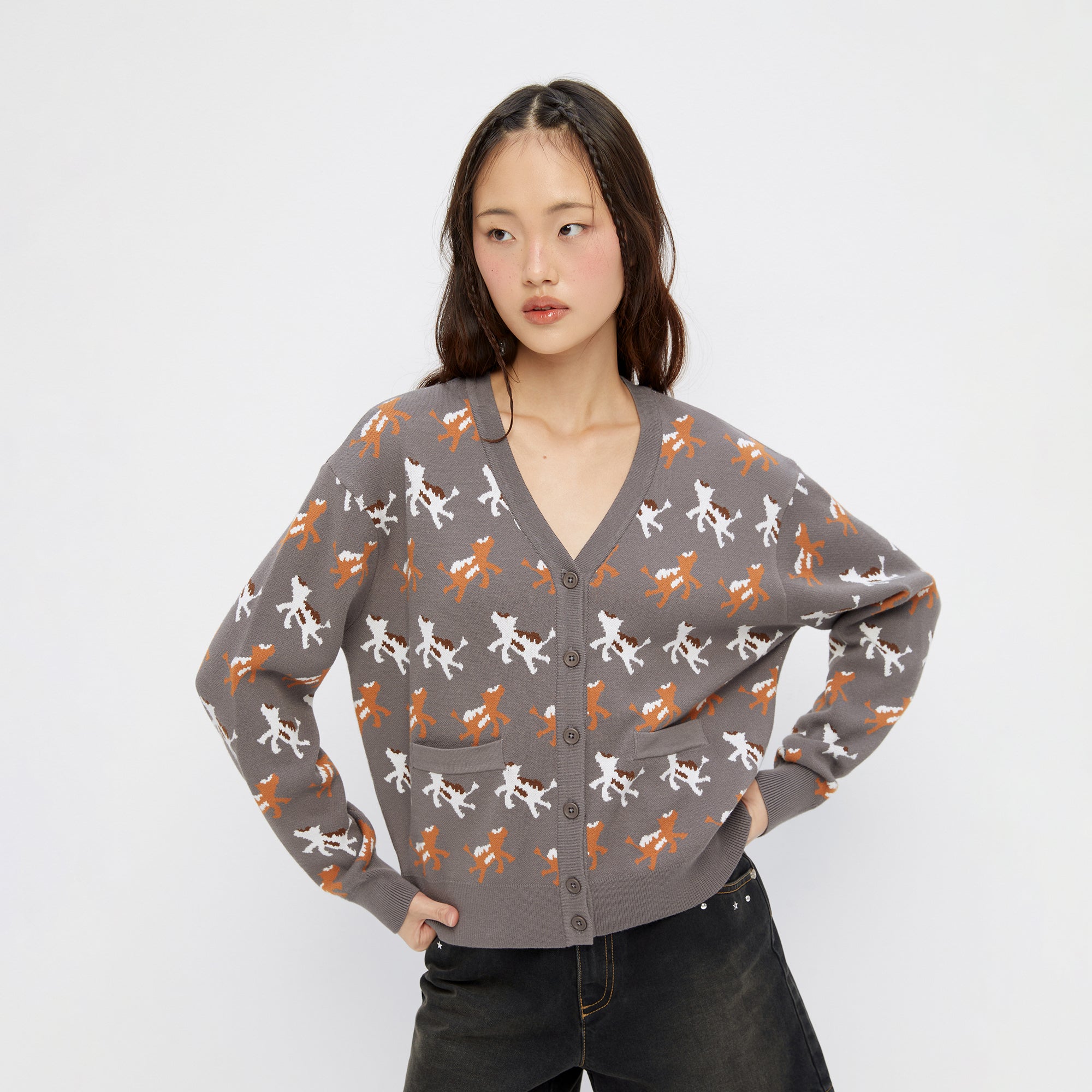 Animal Embroidery Long Sleeve Cardigan Grey