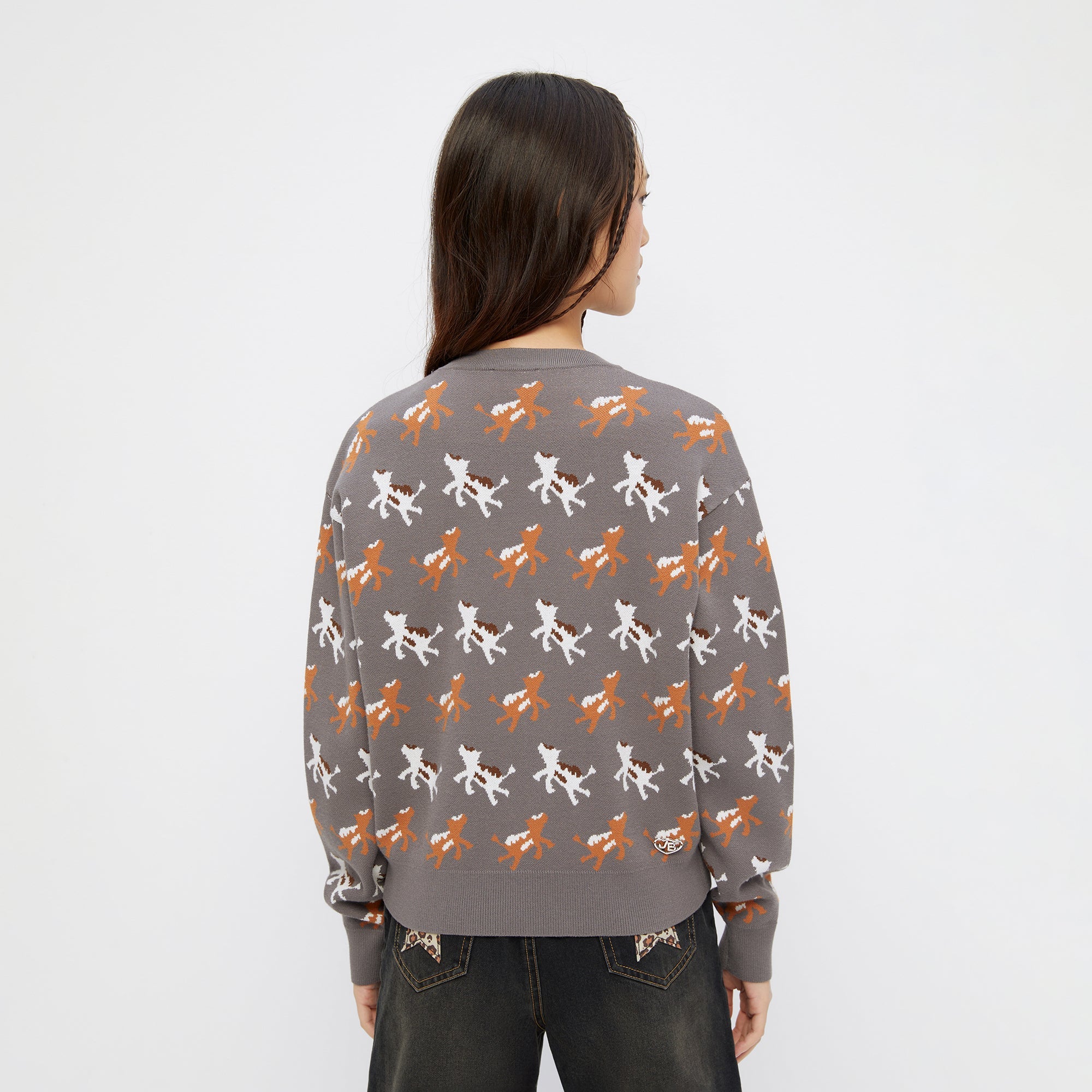 Animal Embroidery Long Sleeve Cardigan Grey