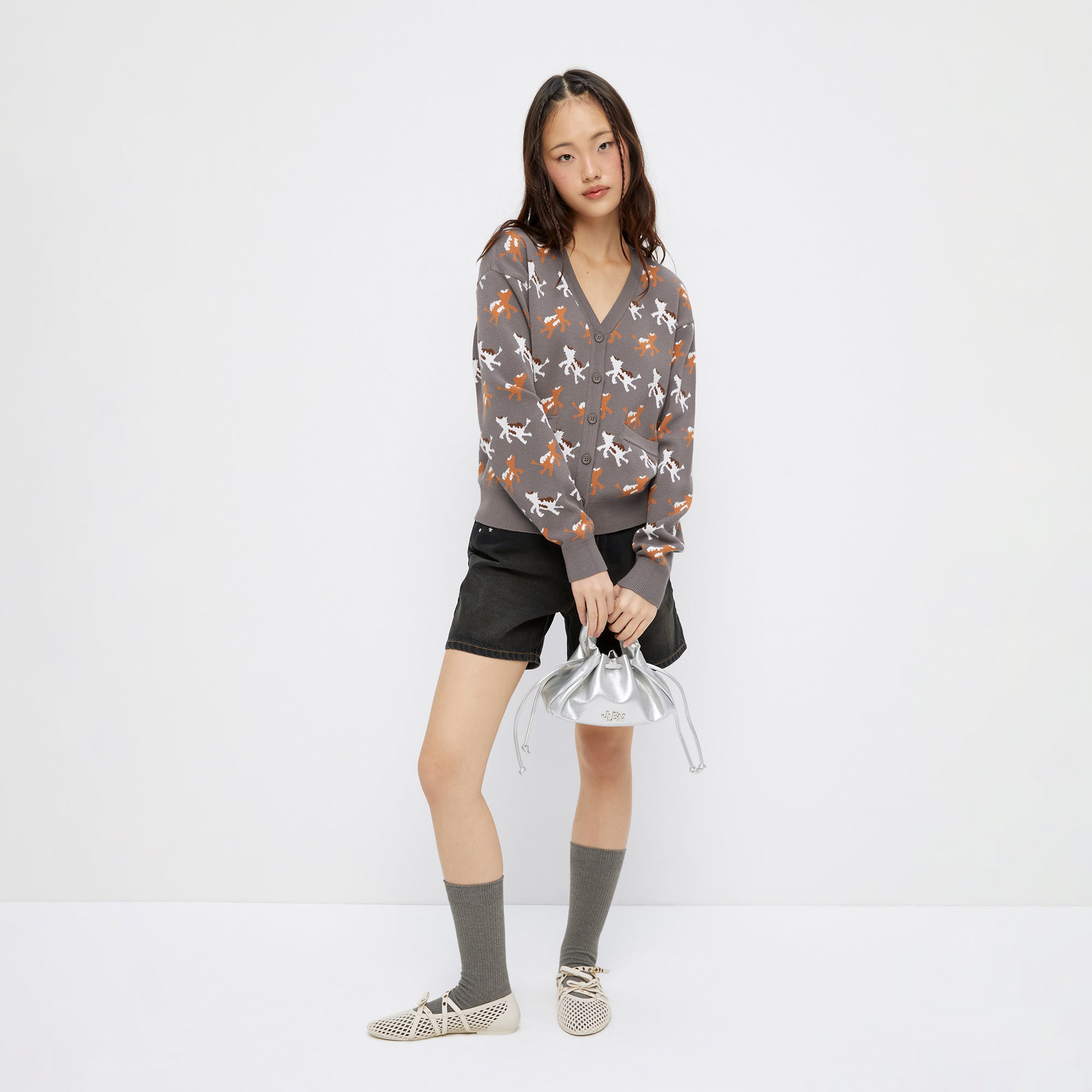 Animal Embroidery Long Sleeve Cardigan Grey