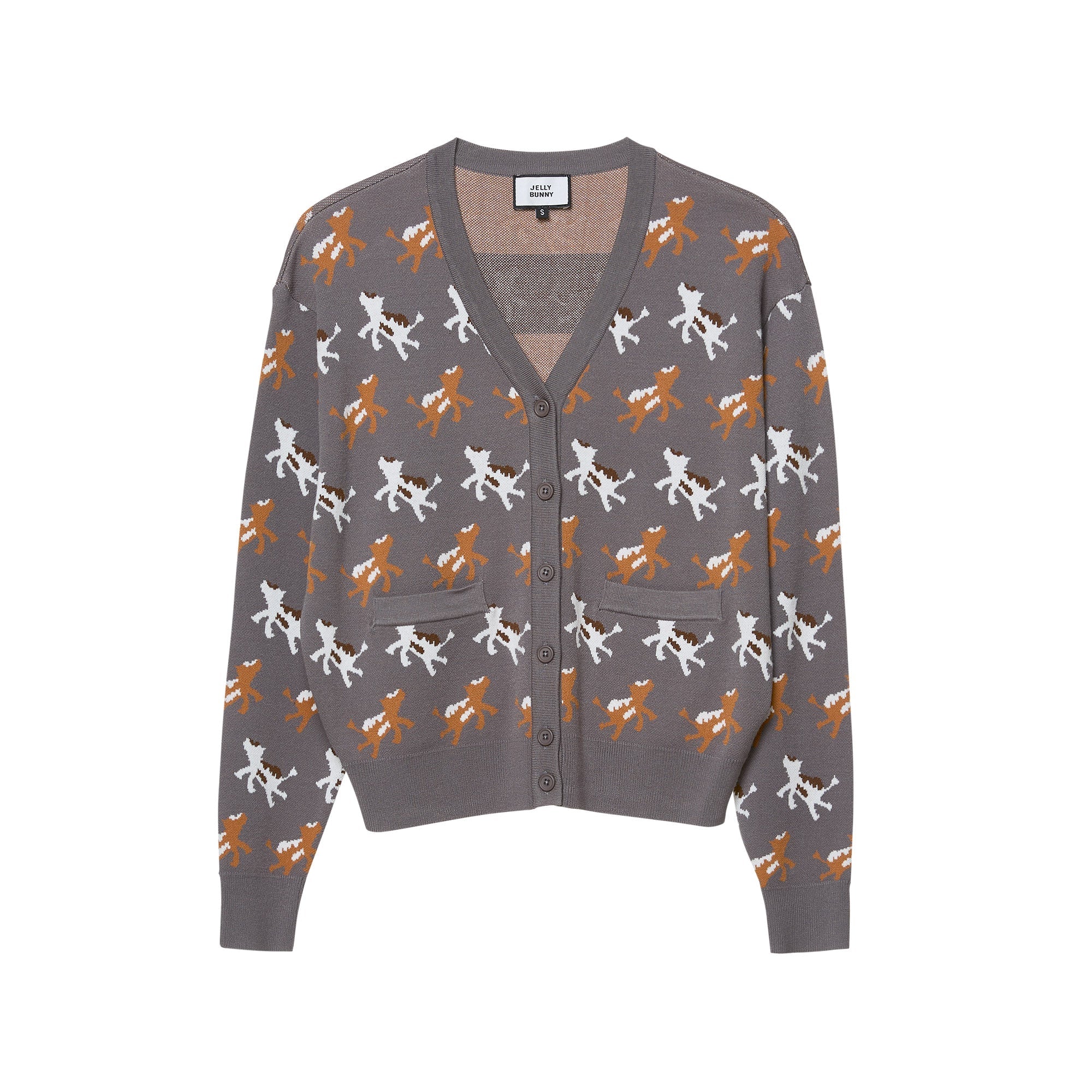 Animal Embroidery Long Sleeve Cardigan Grey