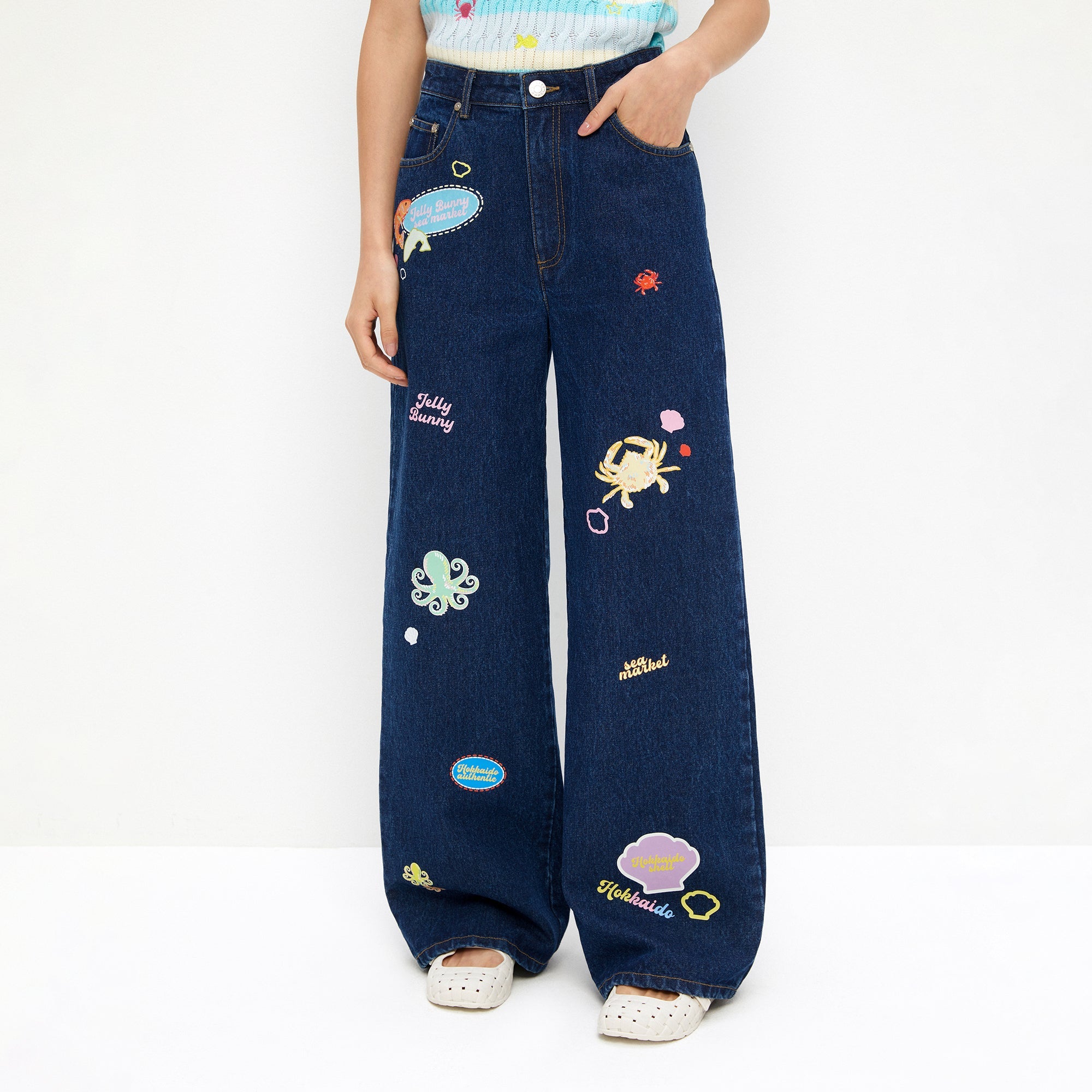 Animal Print Denim Pants Blue