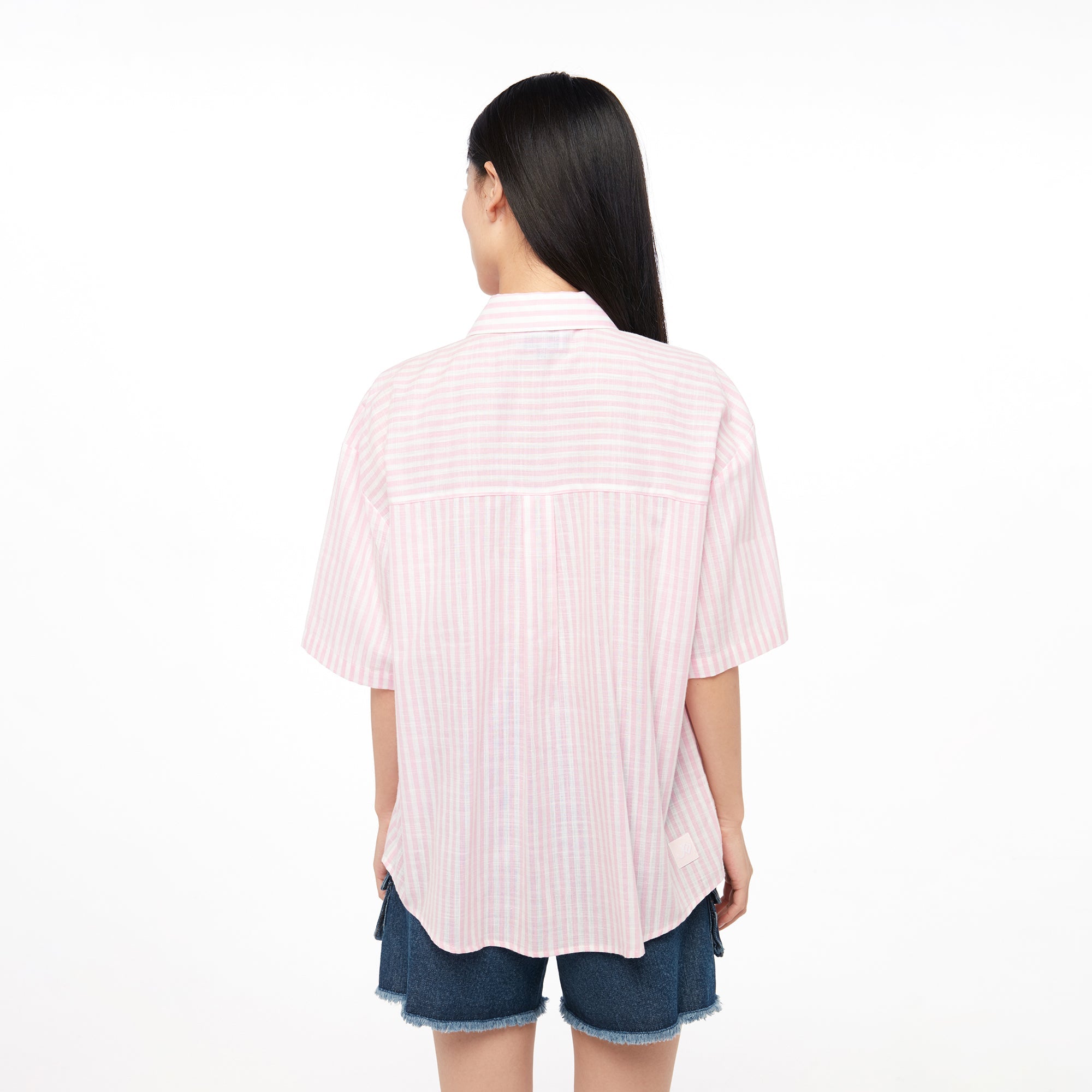 Stripe Zip Up Tom and Jerry Short Sleeve Shirt Striped Pink