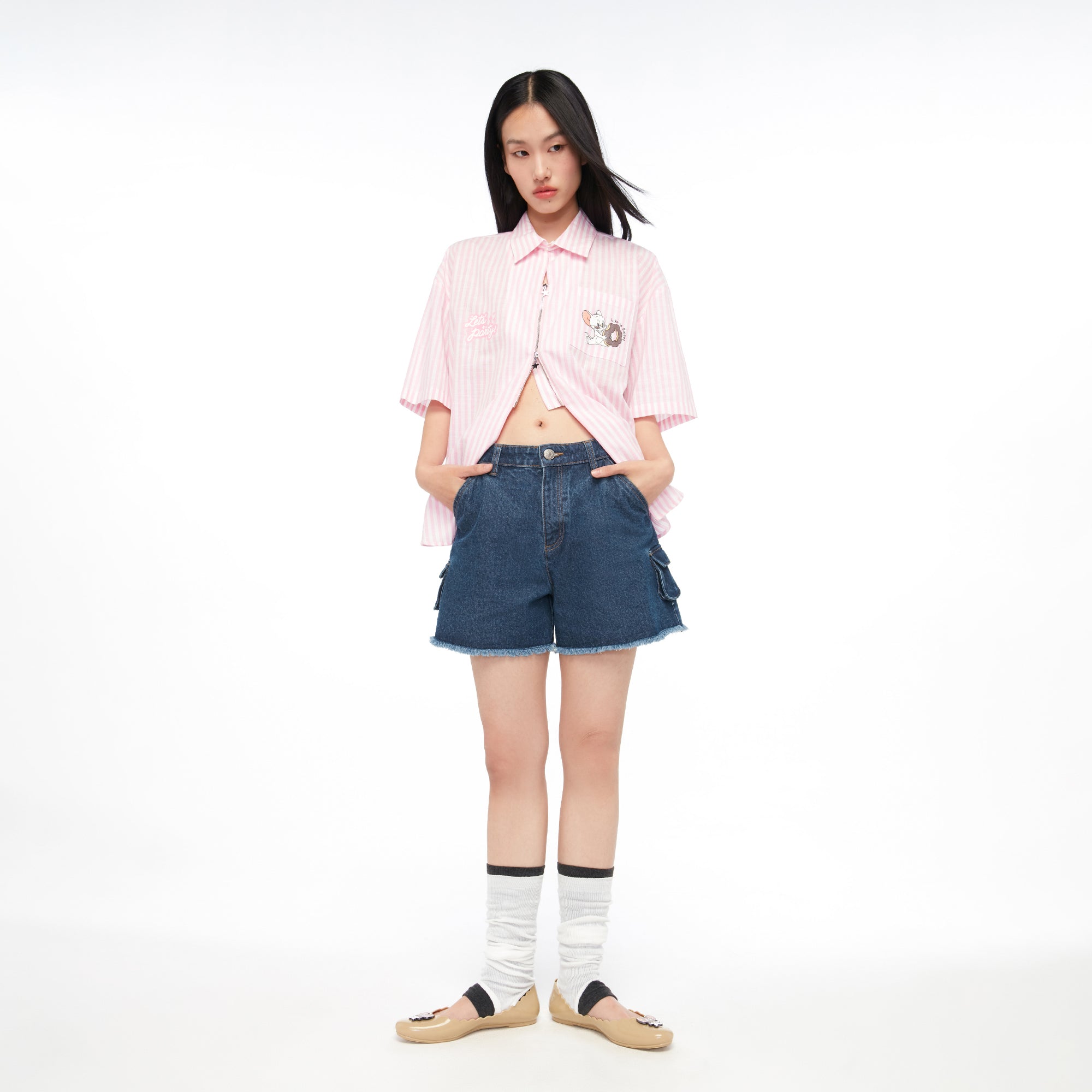 Stripe Zip Up Tom and Jerry Short Sleeve Shirt Striped Pink