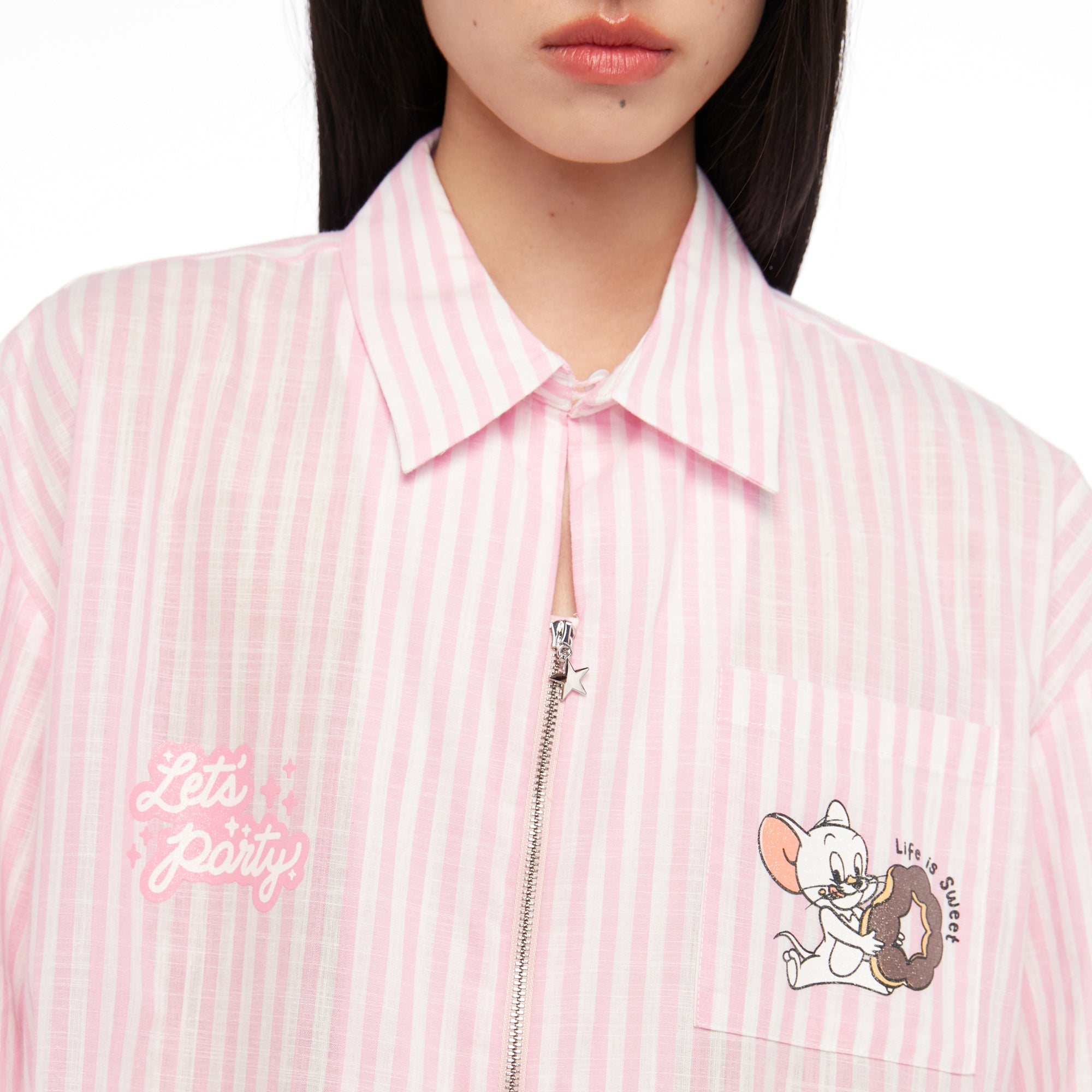 Stripe Zip Up Tom and Jerry Short Sleeve Shirt Striped Pink