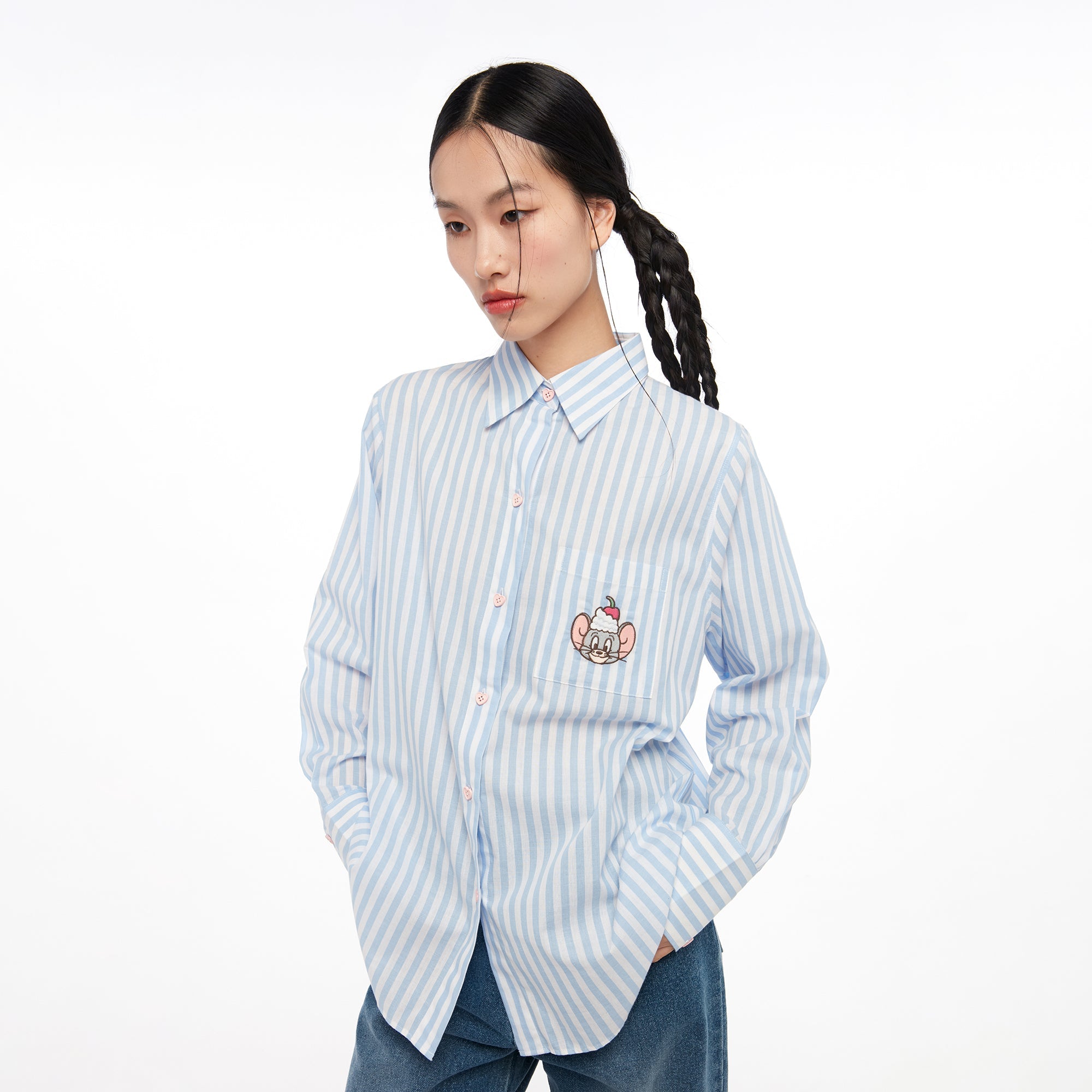 Tom and Jerry Stripe Embroidery Shirt Striped Blue