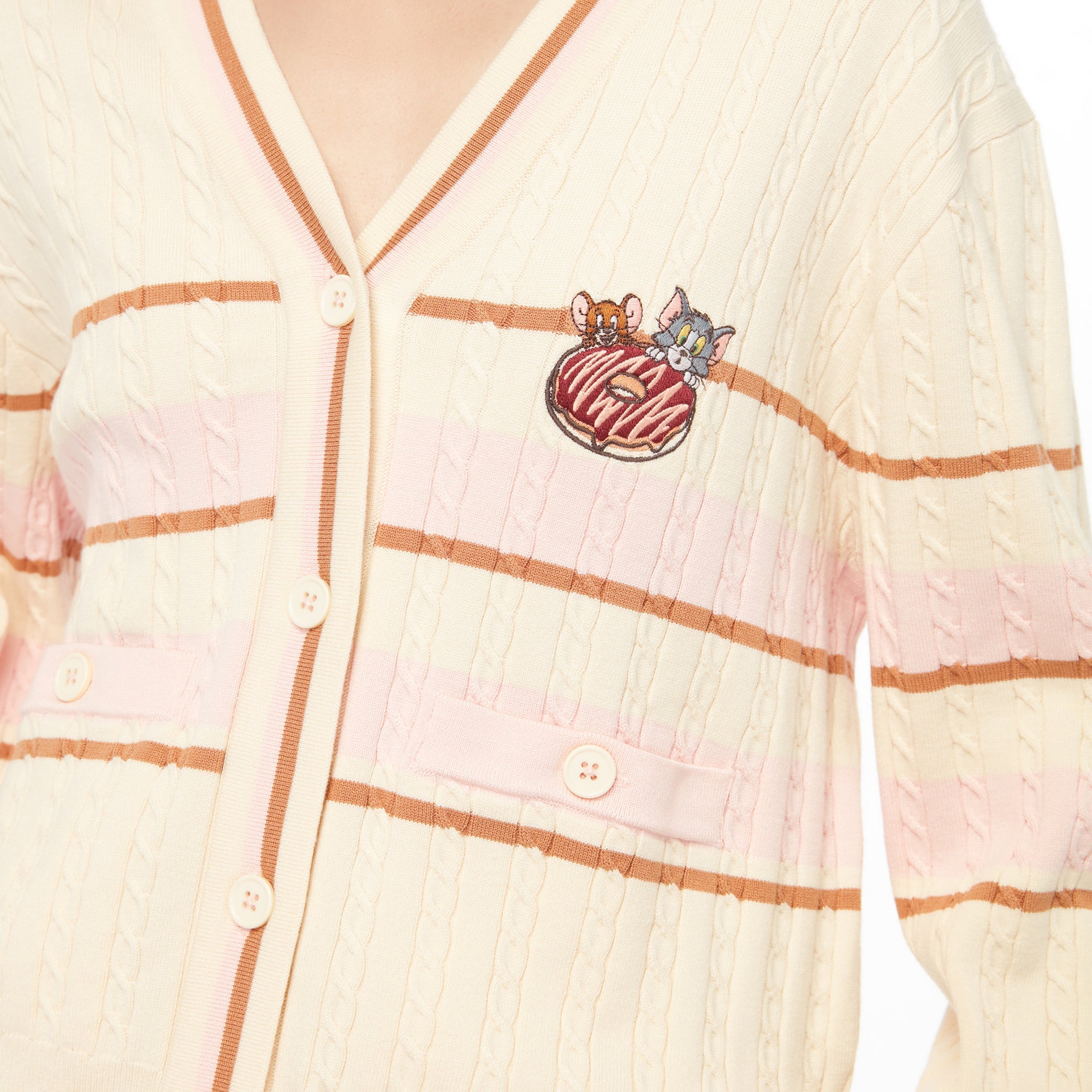 Tom and Jerry Embroidery Cable Knitted Cardigan Multi Color