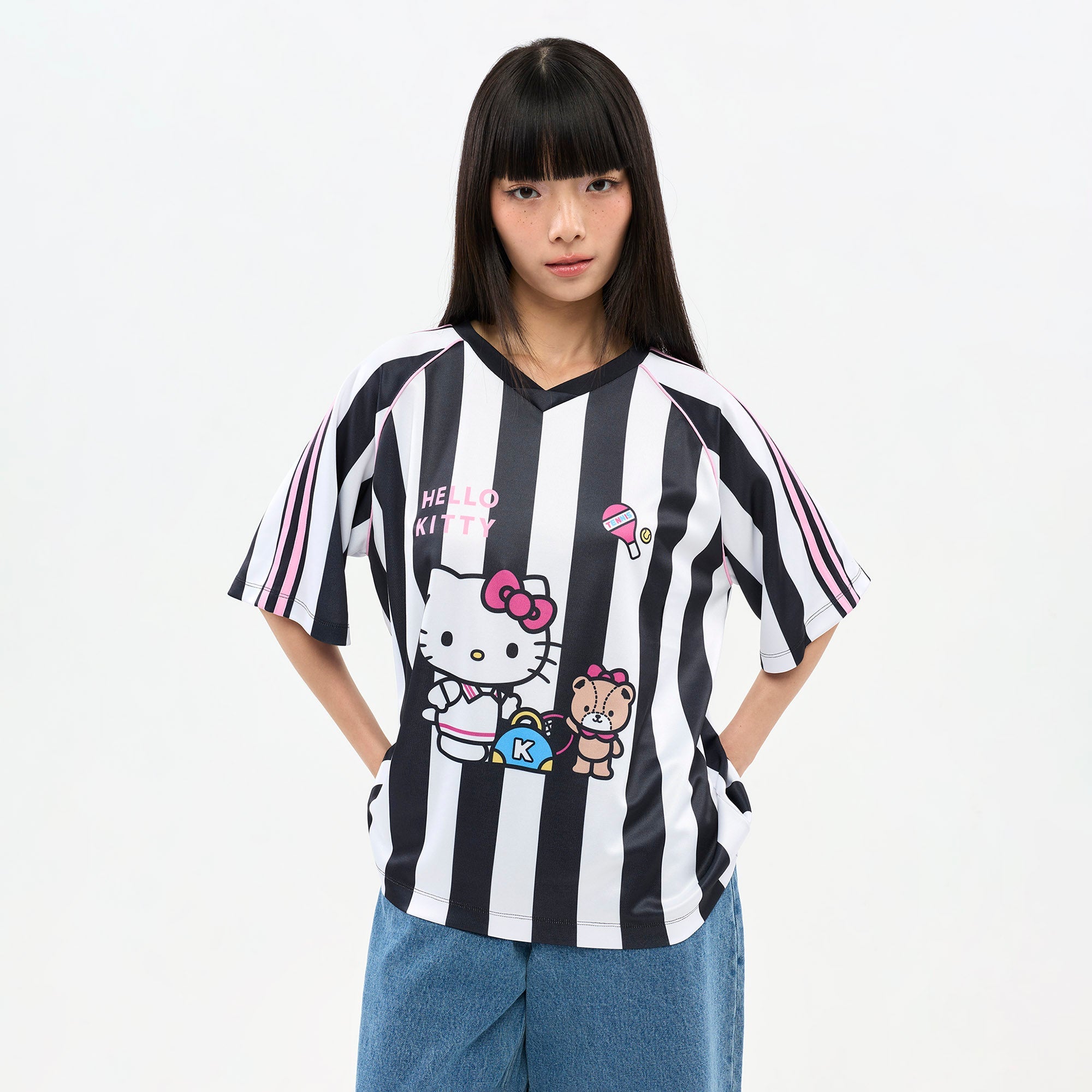 Hello Kitty Striped Graphic Printed T-Shirt Striped Black