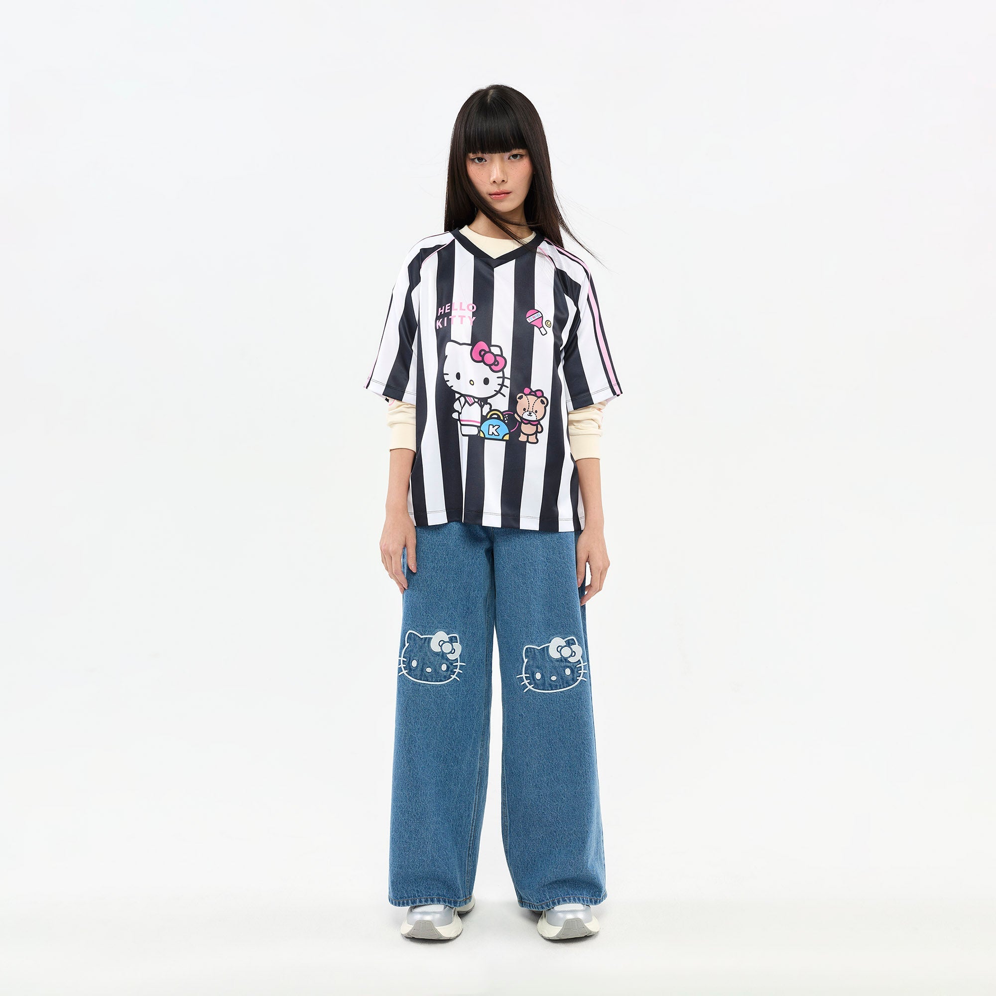 Hello Kitty Striped Graphic Printed T-Shirt Striped Black