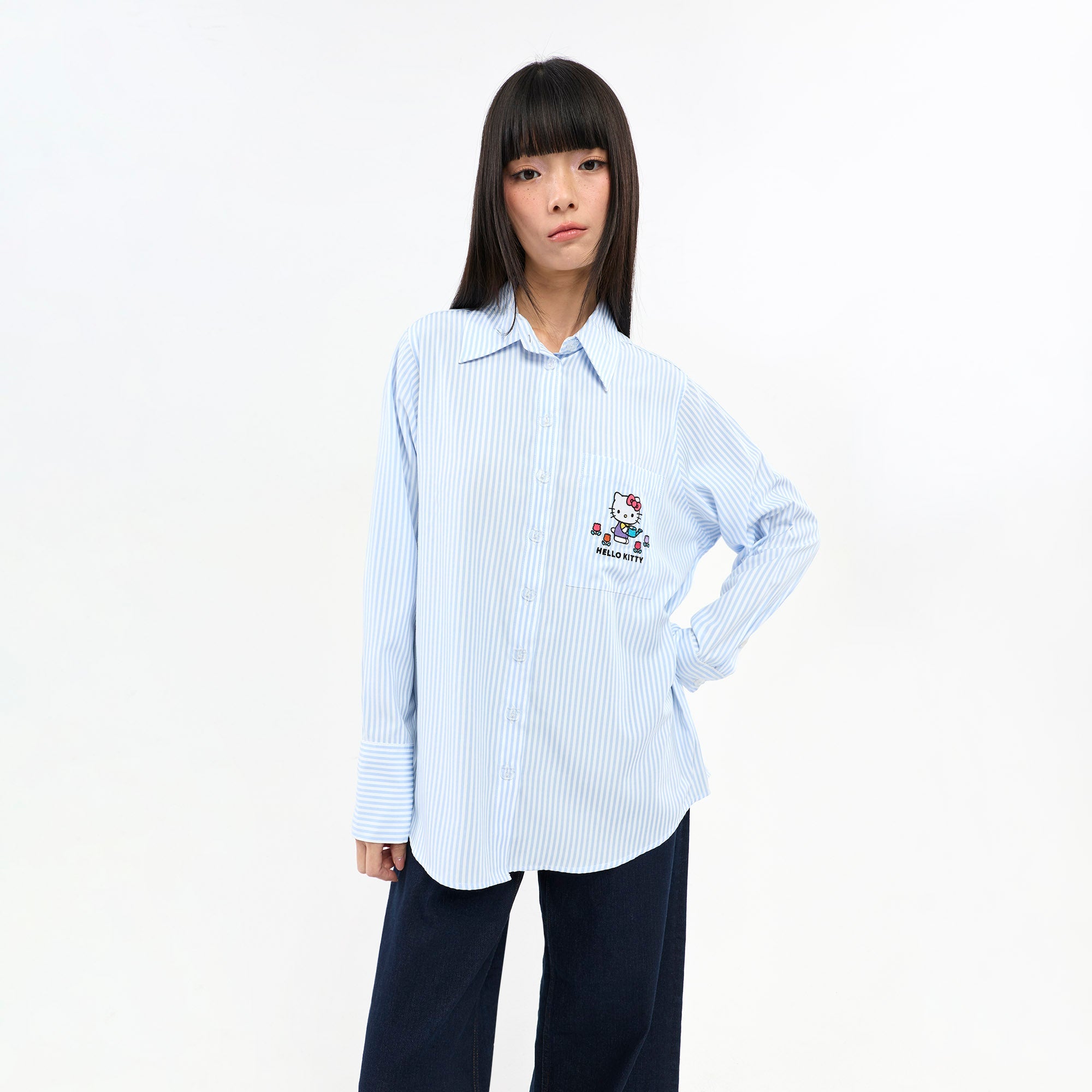Hello Kitty Pinstripe Embroidered Long Sleeve Shirt Striped Blue