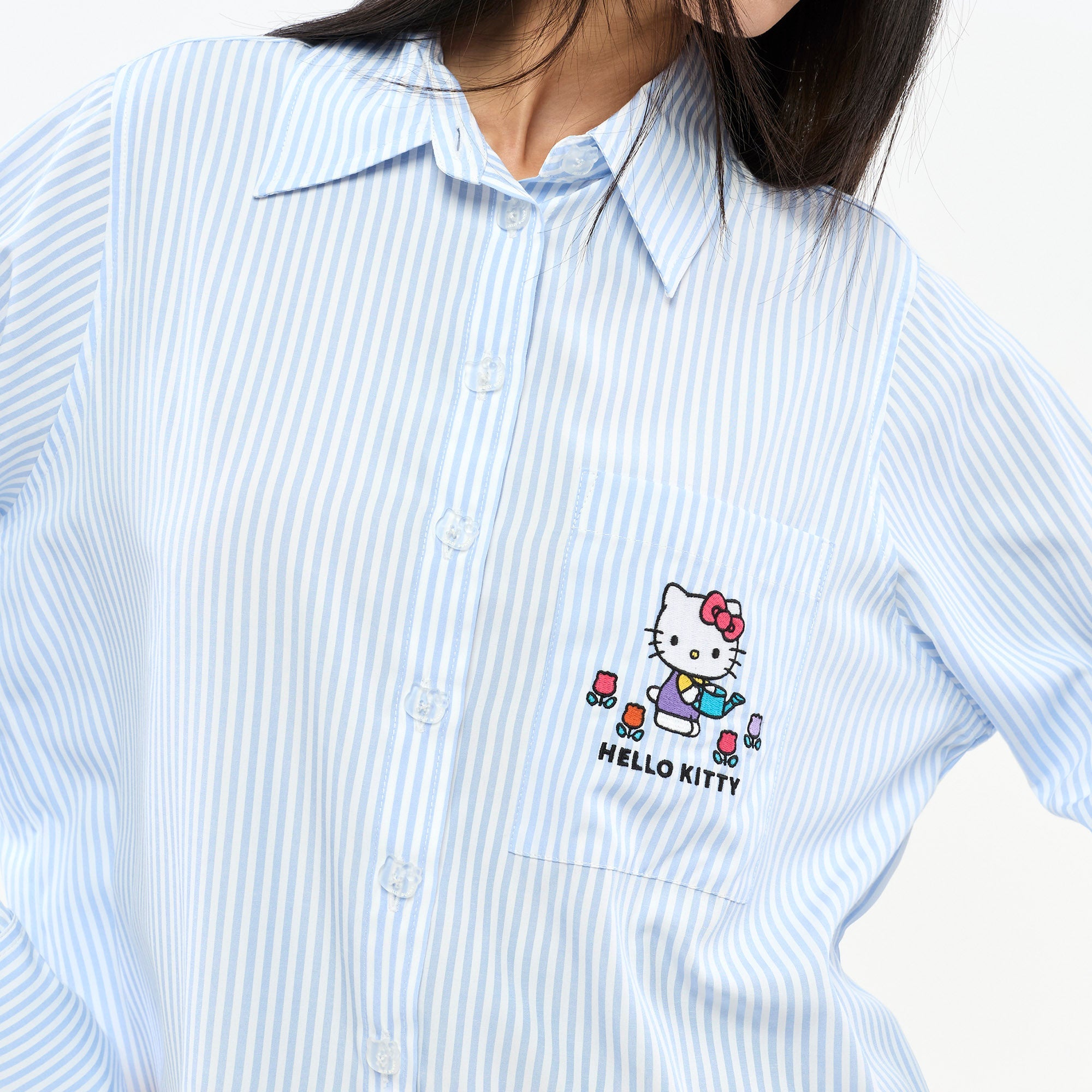 Hello Kitty Pinstripe Embroidered Long Sleeve Shirt Striped Blue