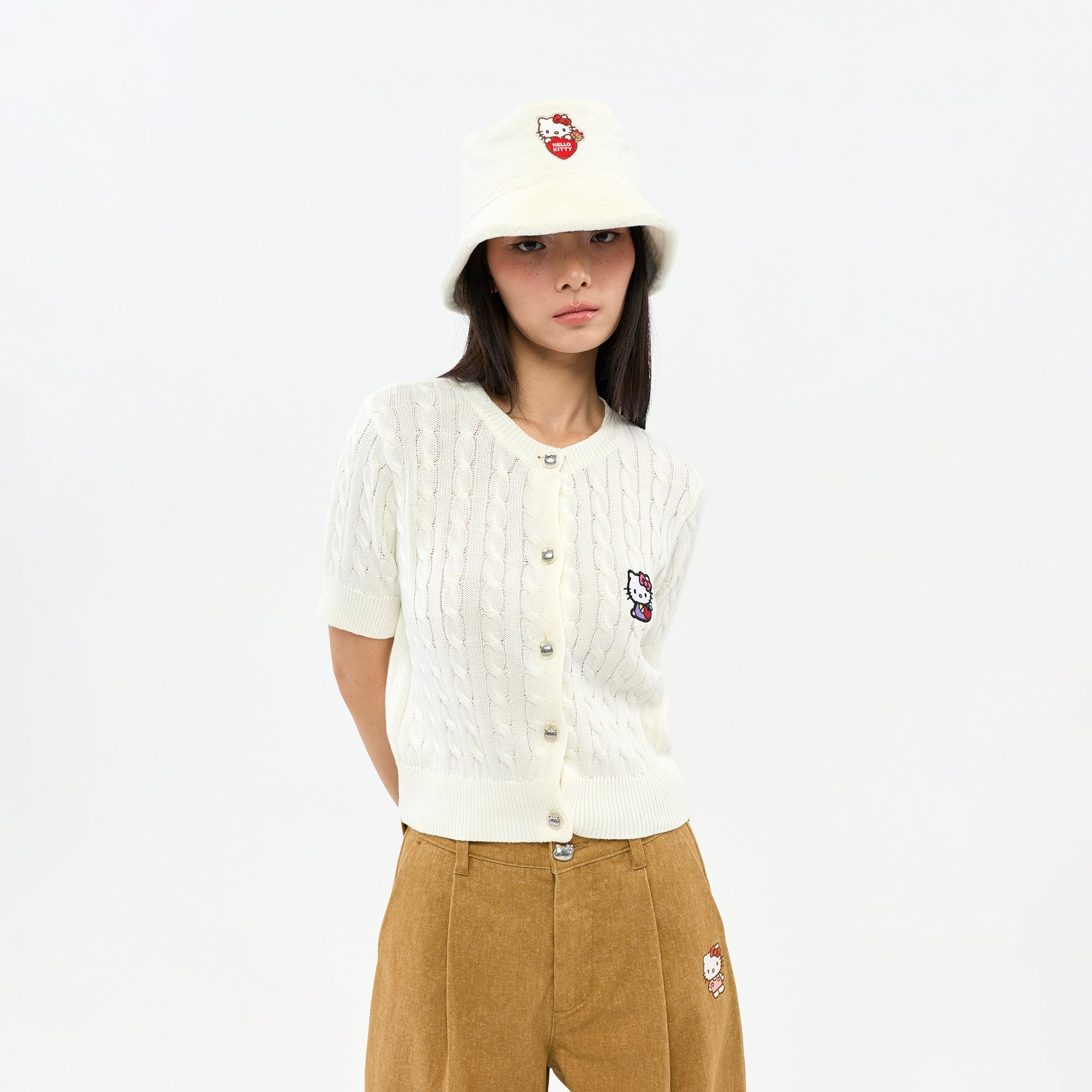 Hello Kitty Cable Knit Short Sleeve Cardigan White