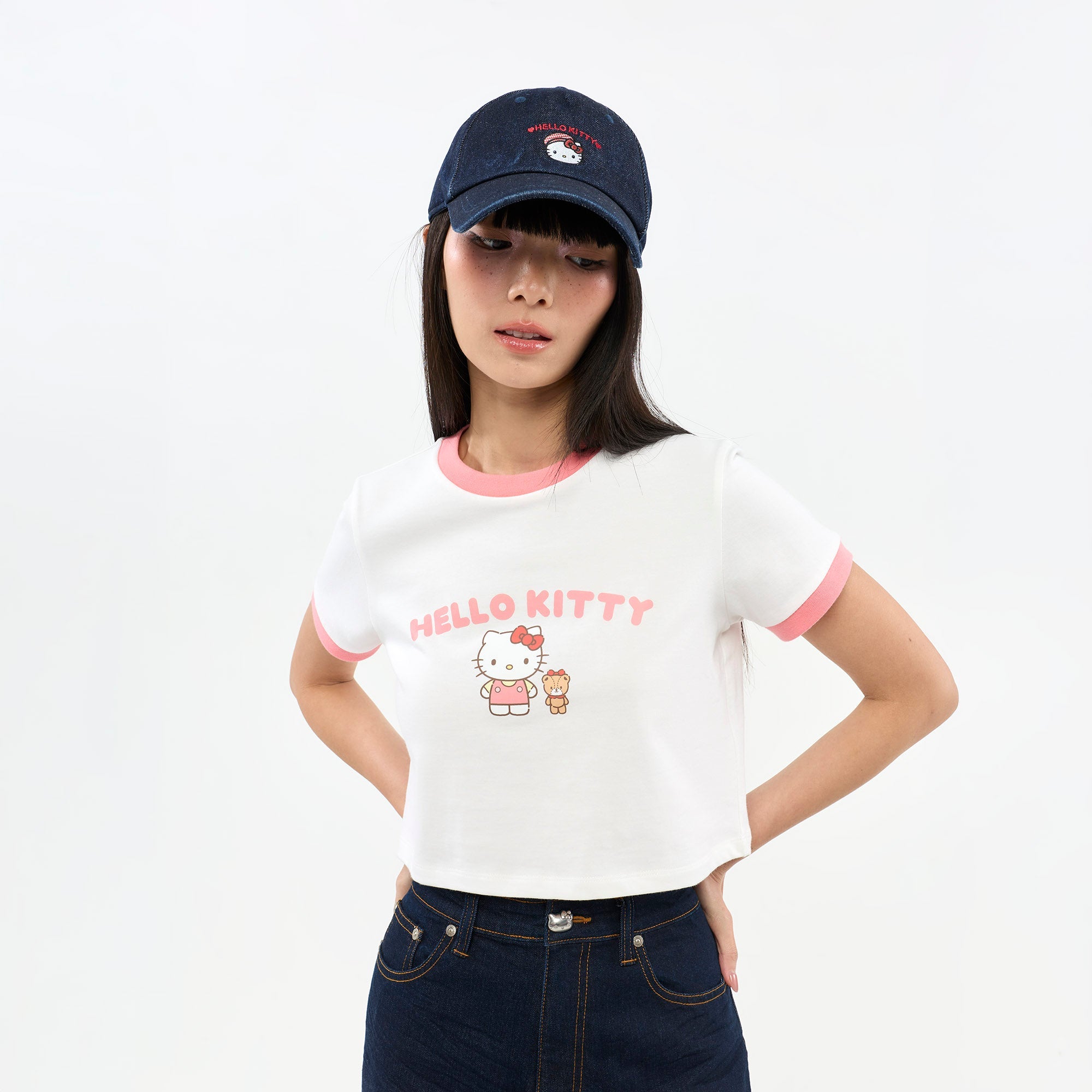Hello Kitty Graphic Printed Contrast Trim T-Shirt White