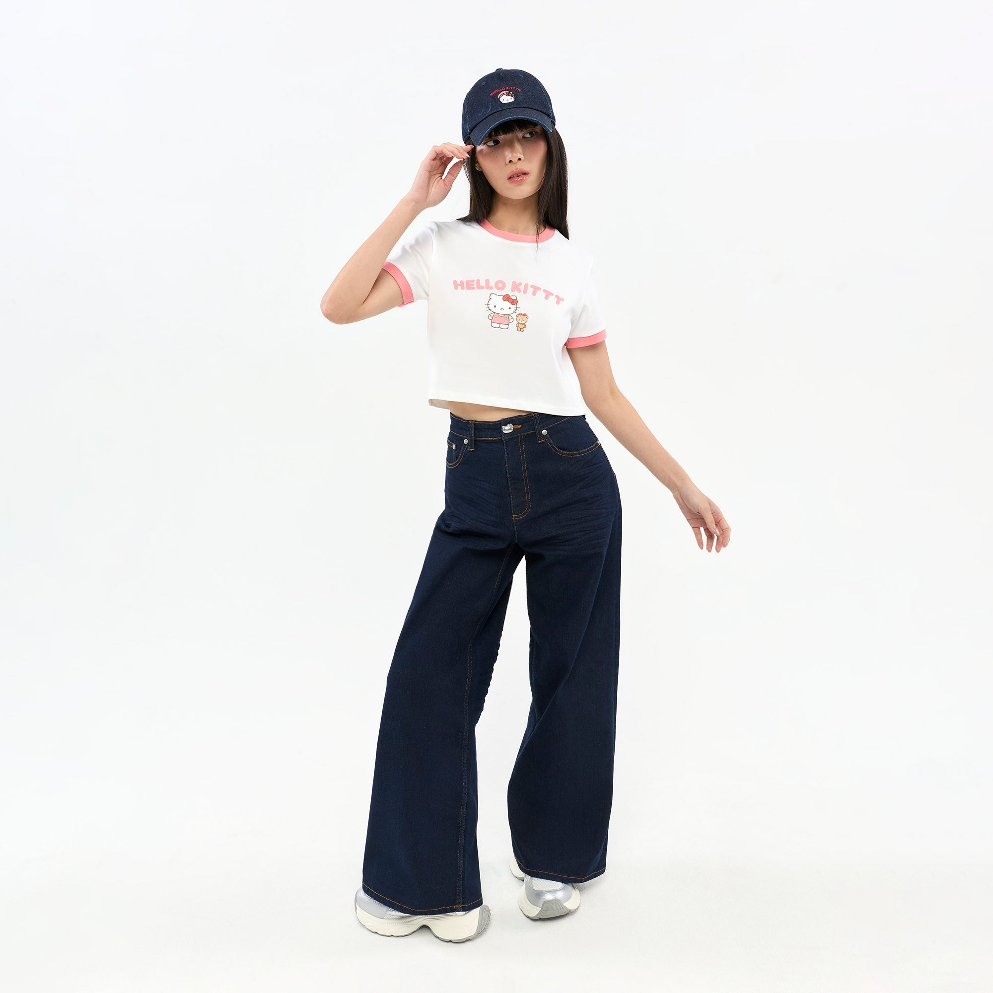 Hello Kitty Graphic Printed Contrast Trim T-Shirt White