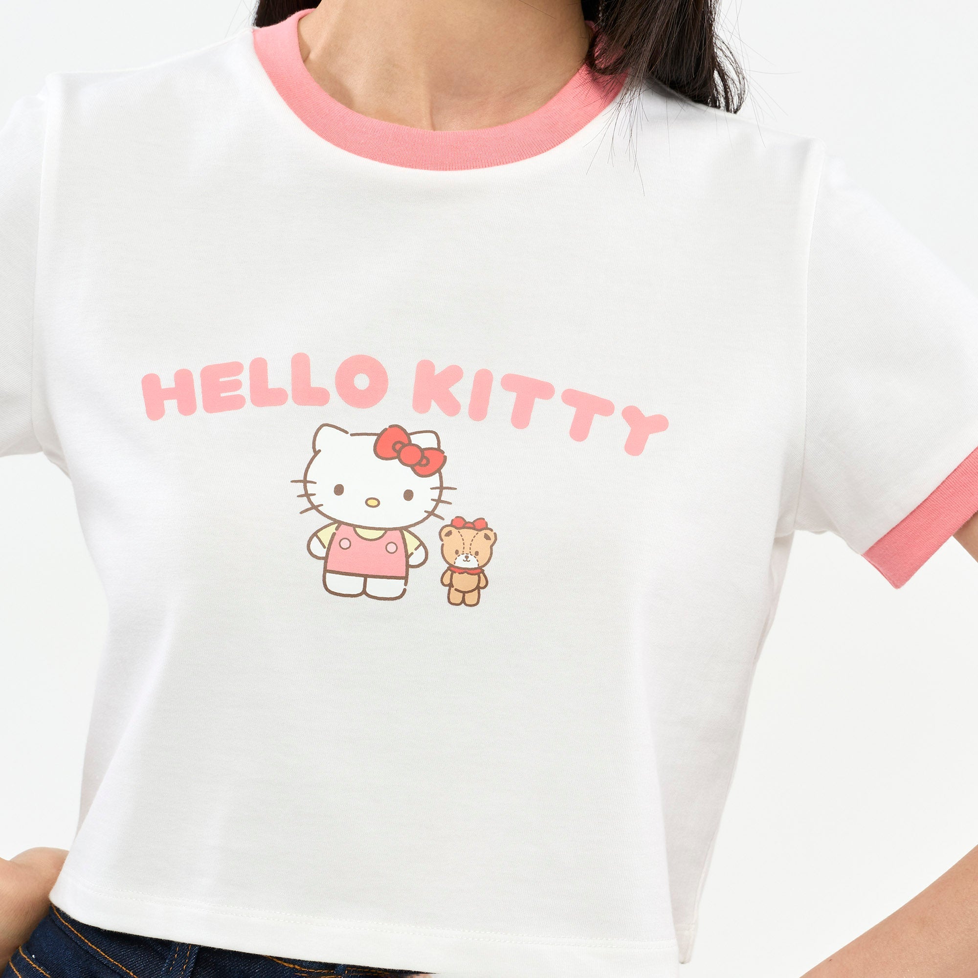 Hello Kitty Graphic Printed Contrast Trim T-Shirt White