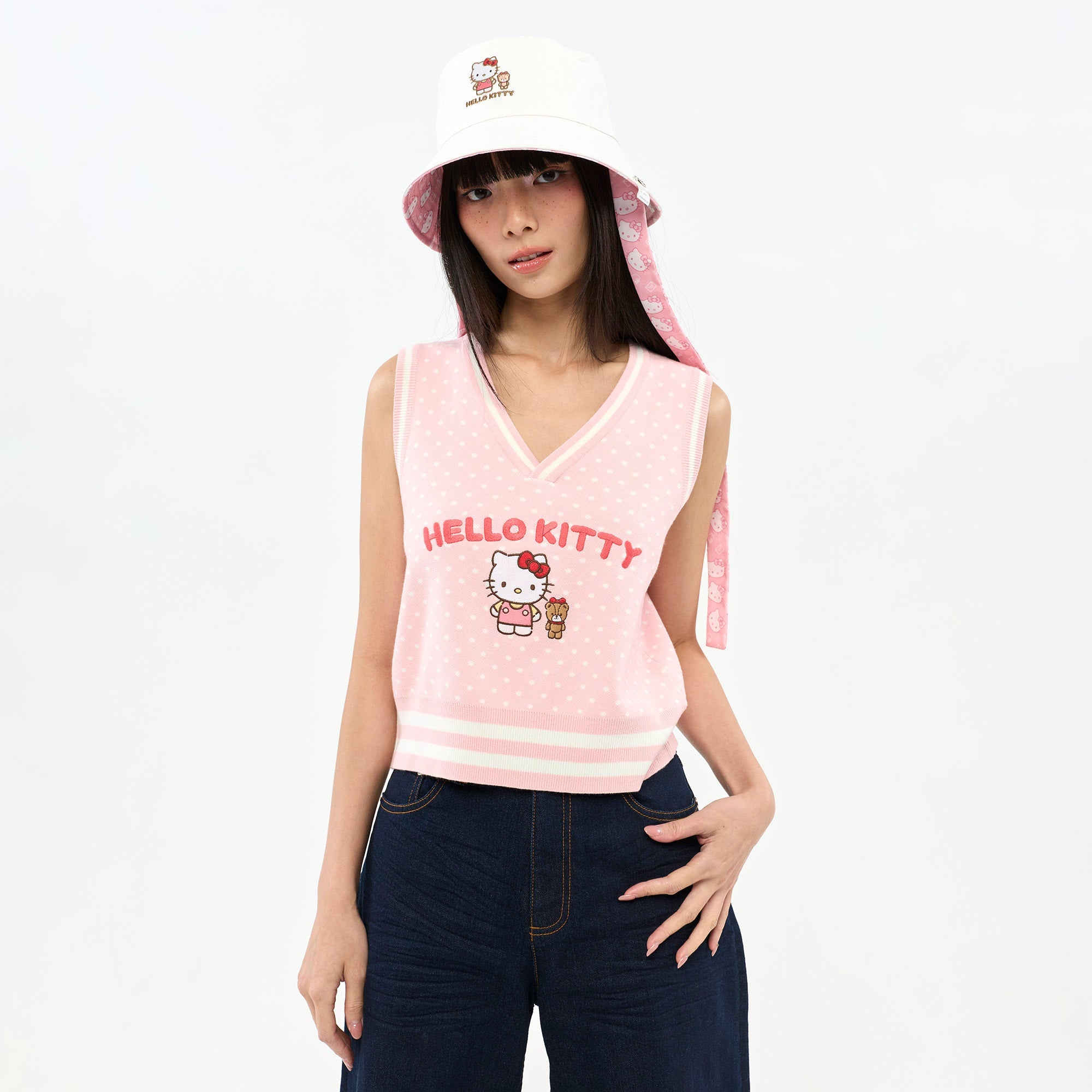 Hello Kitty Polka Dot Graphic Printed Knit Vest Pink