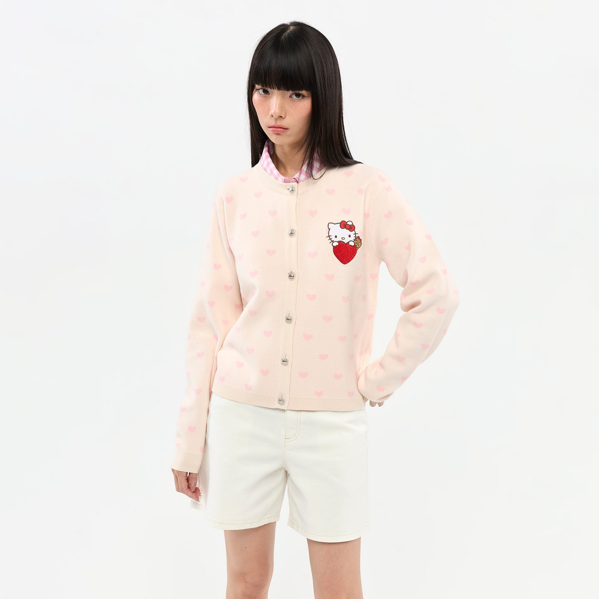 Hello Kitty Heart Pattern Graphic Knit Cardigan Pink