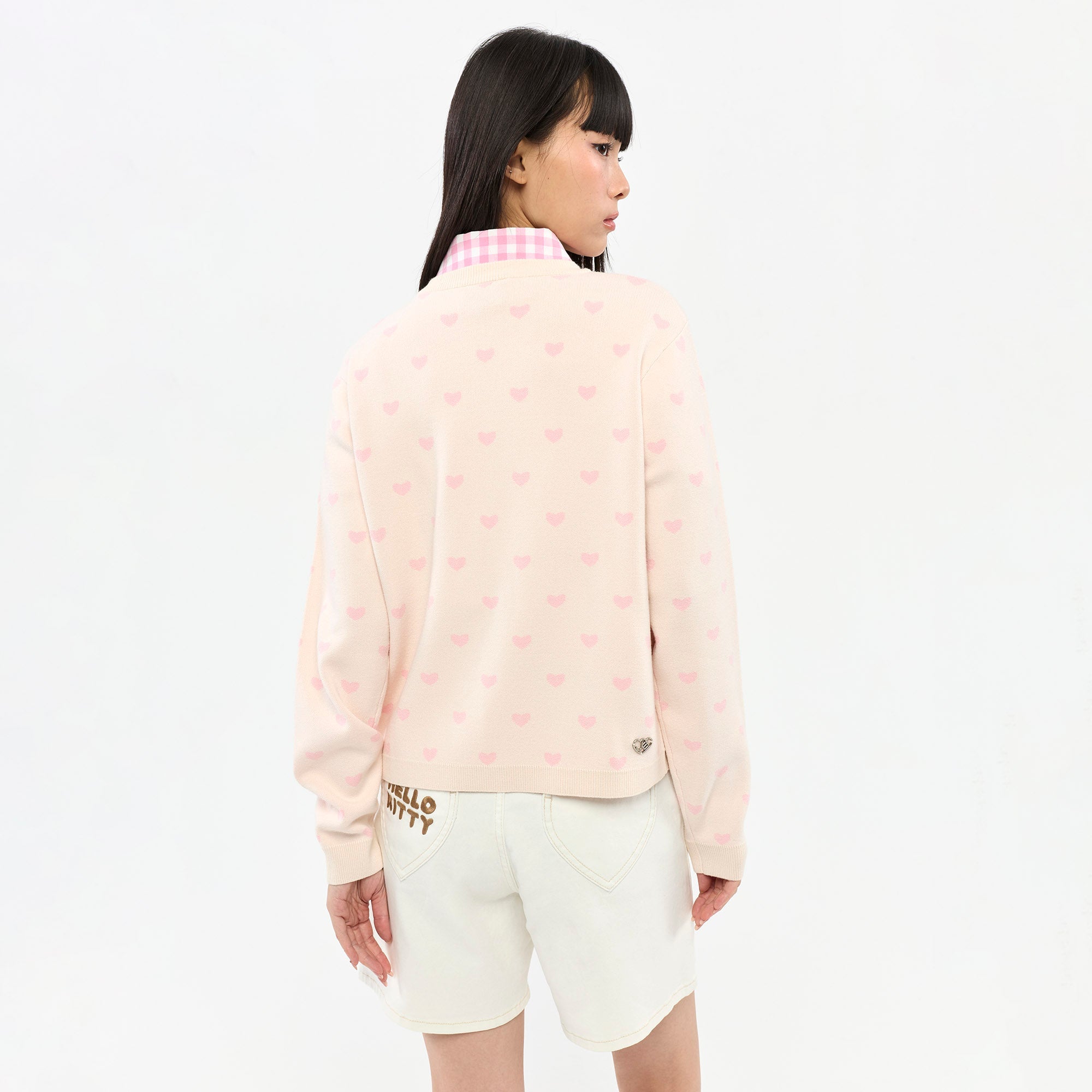 Hello Kitty Heart Pattern Graphic Knit Cardigan Pink