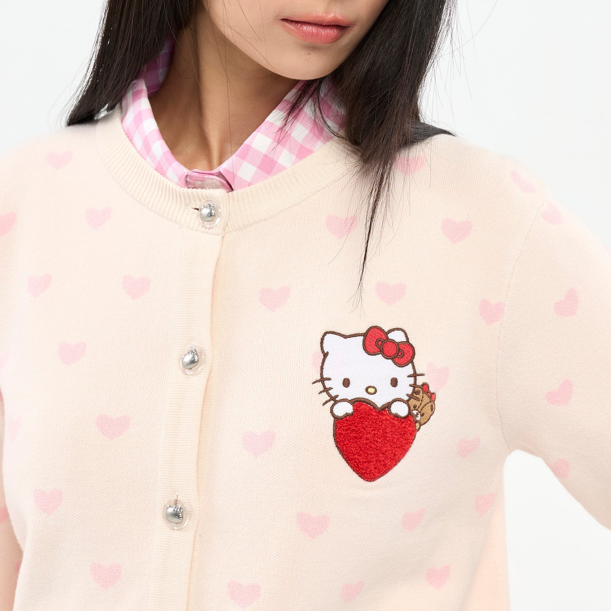 Hello Kitty Heart Pattern Graphic Knit Cardigan Pink