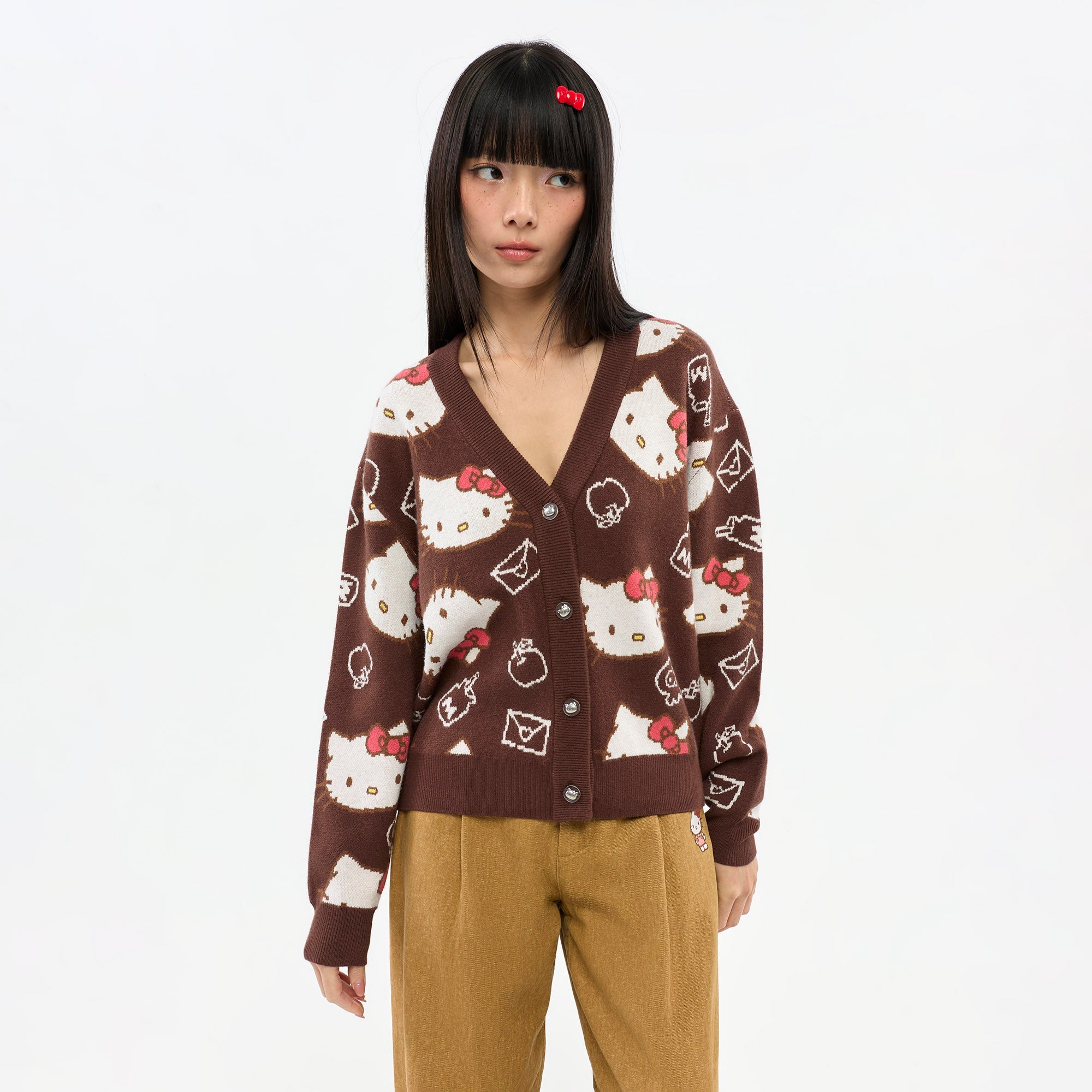 Hello Kitty All-Over Graphic Knit Cardigan Brown