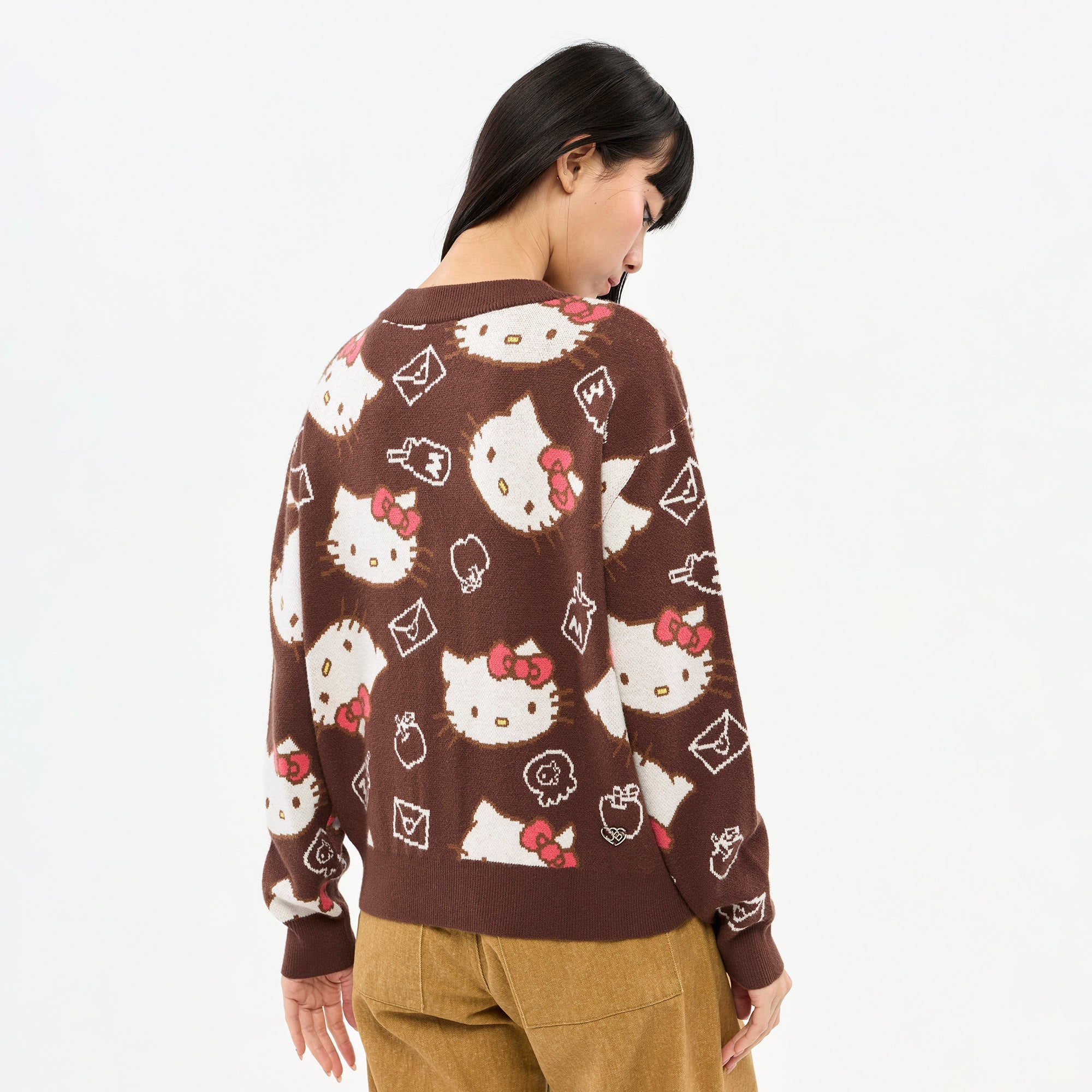 Hello Kitty All-Over Graphic Knit Cardigan Brown