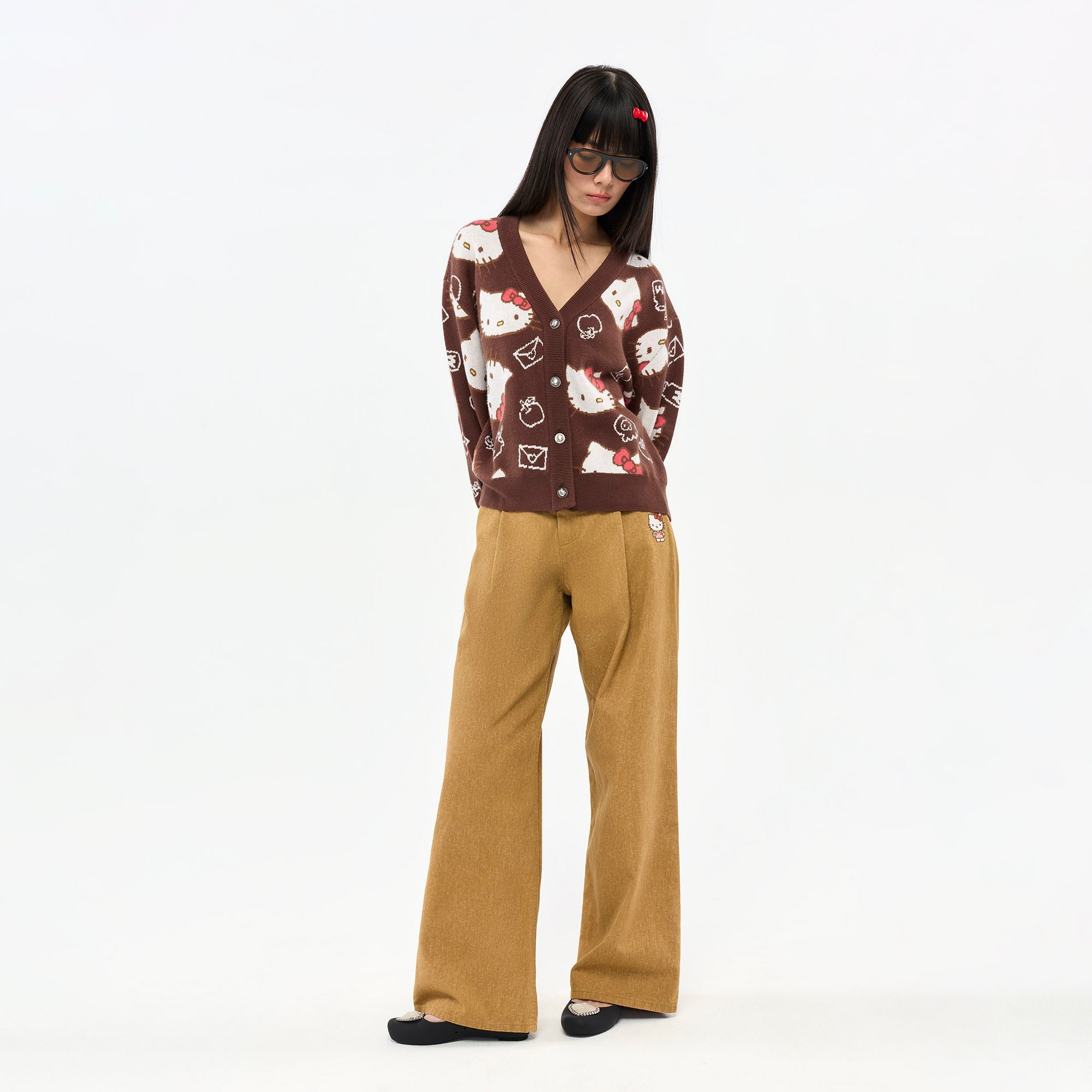 Hello Kitty All-Over Graphic Knit Cardigan Brown