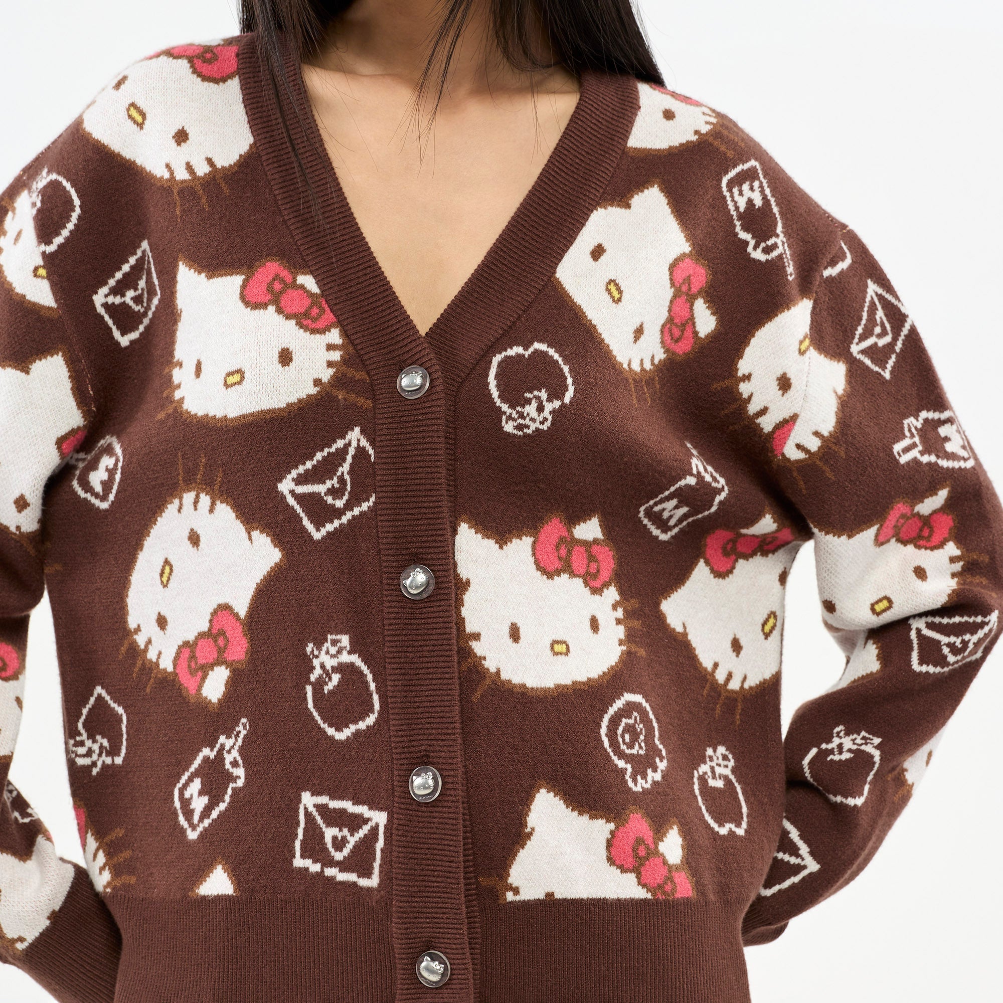 Hello Kitty All-Over Graphic Knit Cardigan Brown