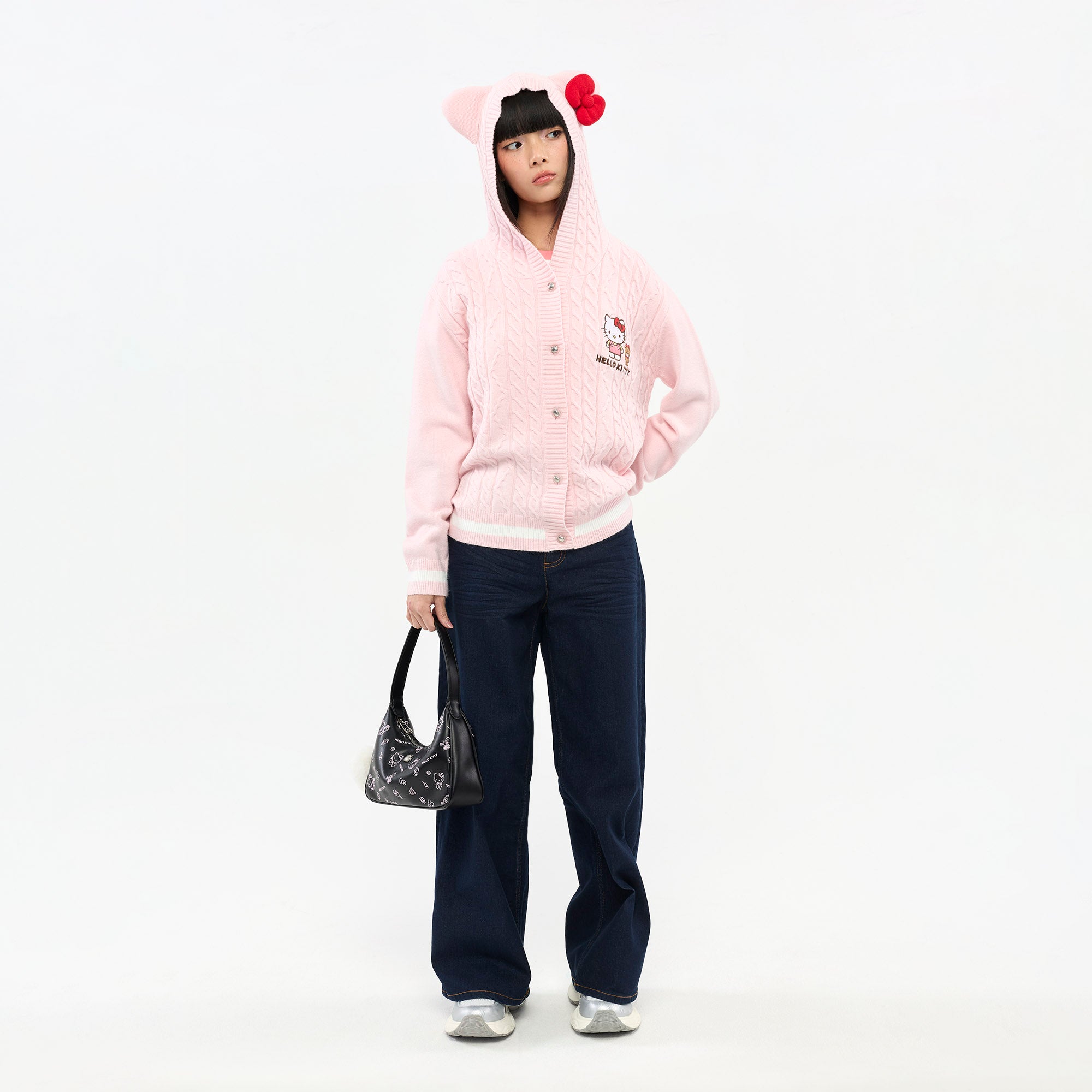 Hello Kitty Cable Knit Hooded Cardigan Pink