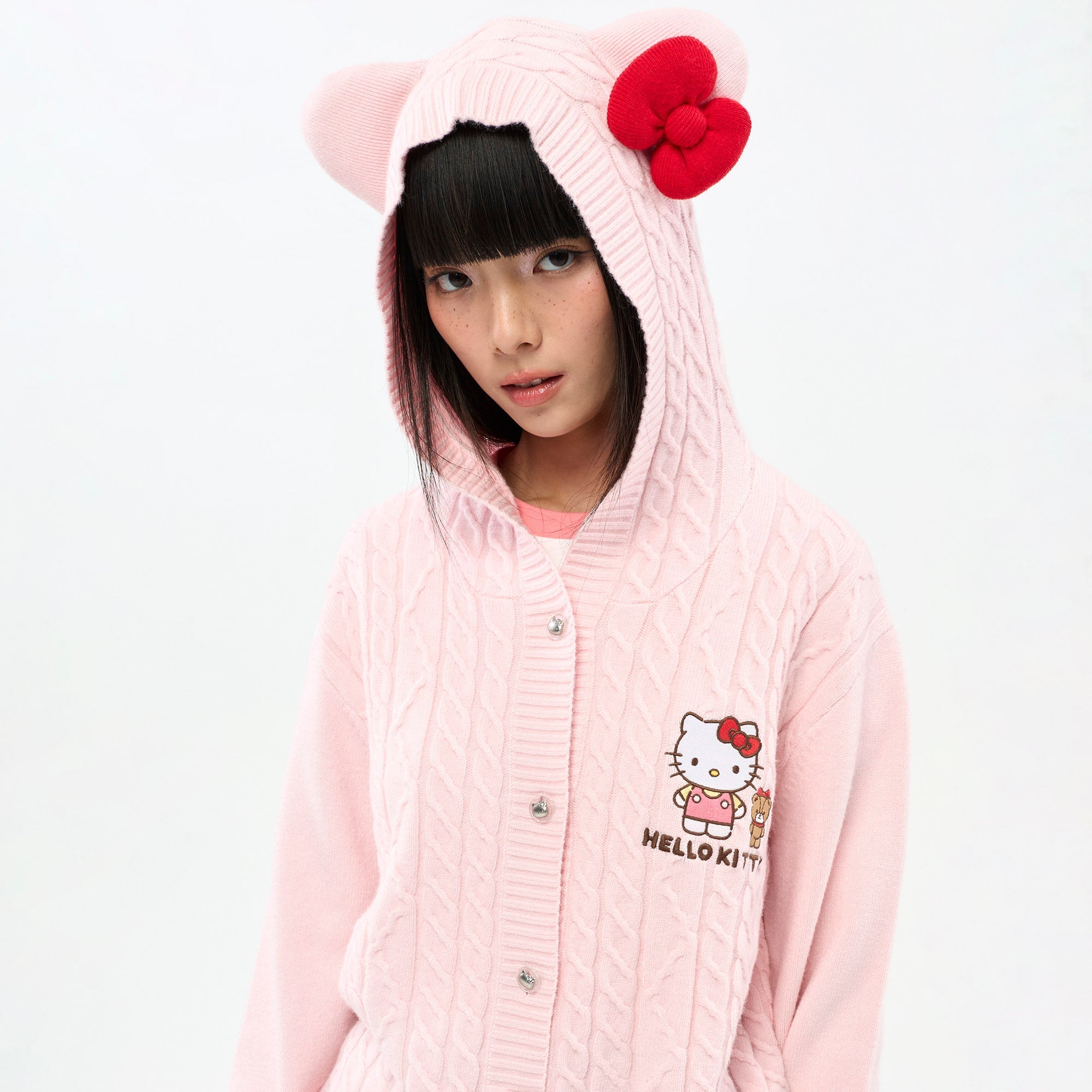 Hello Kitty Cable Knit Hooded Cardigan Pink
