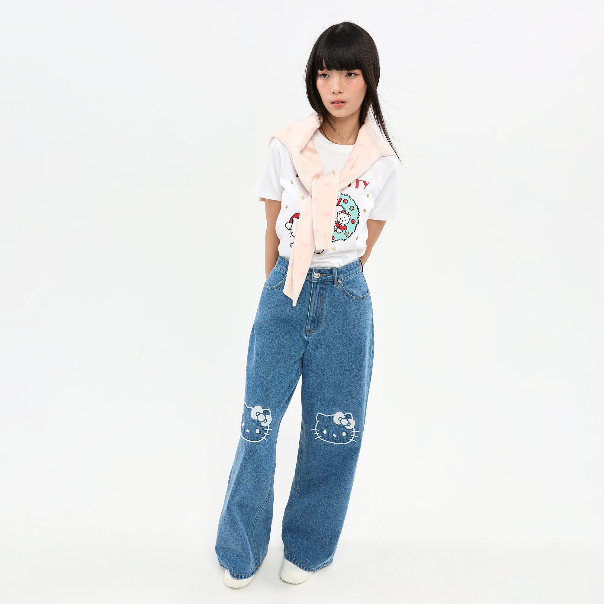 Hello Kitty Embroidered Wide-Leg Jeans Blue