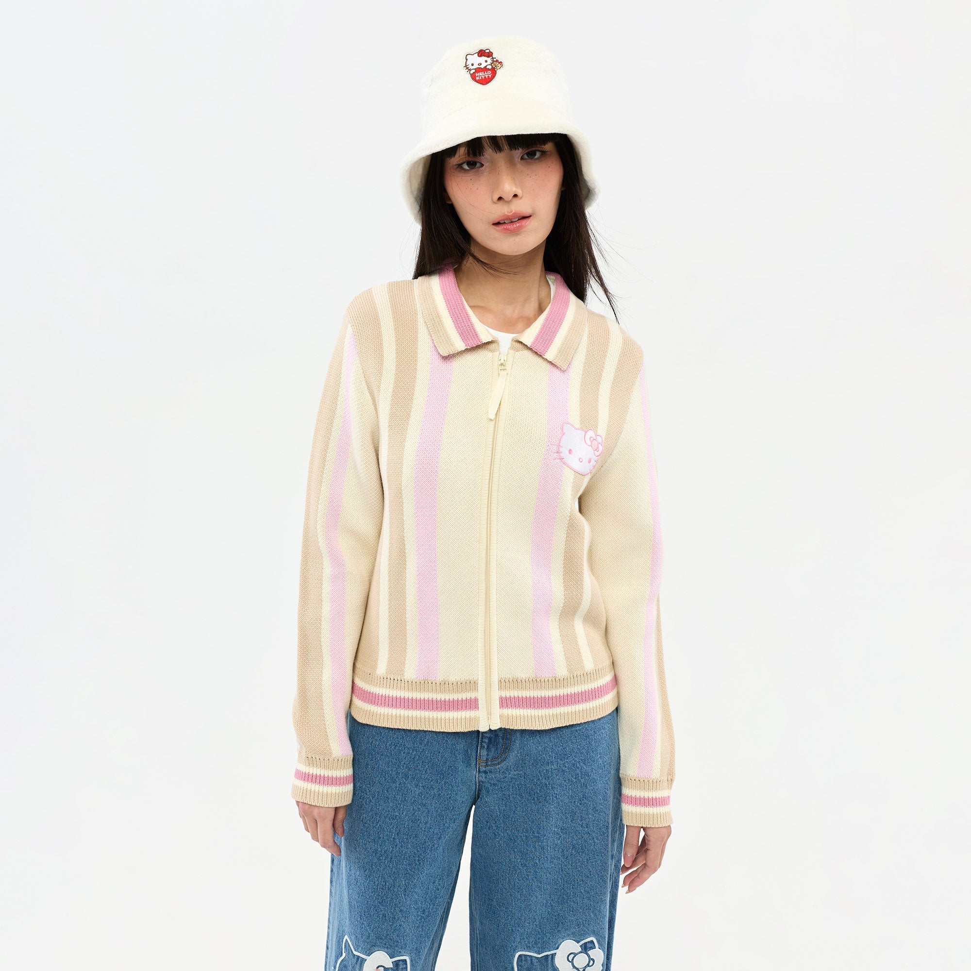 Hello Kitty Striped Embroidered Knit Jacket Multi Color