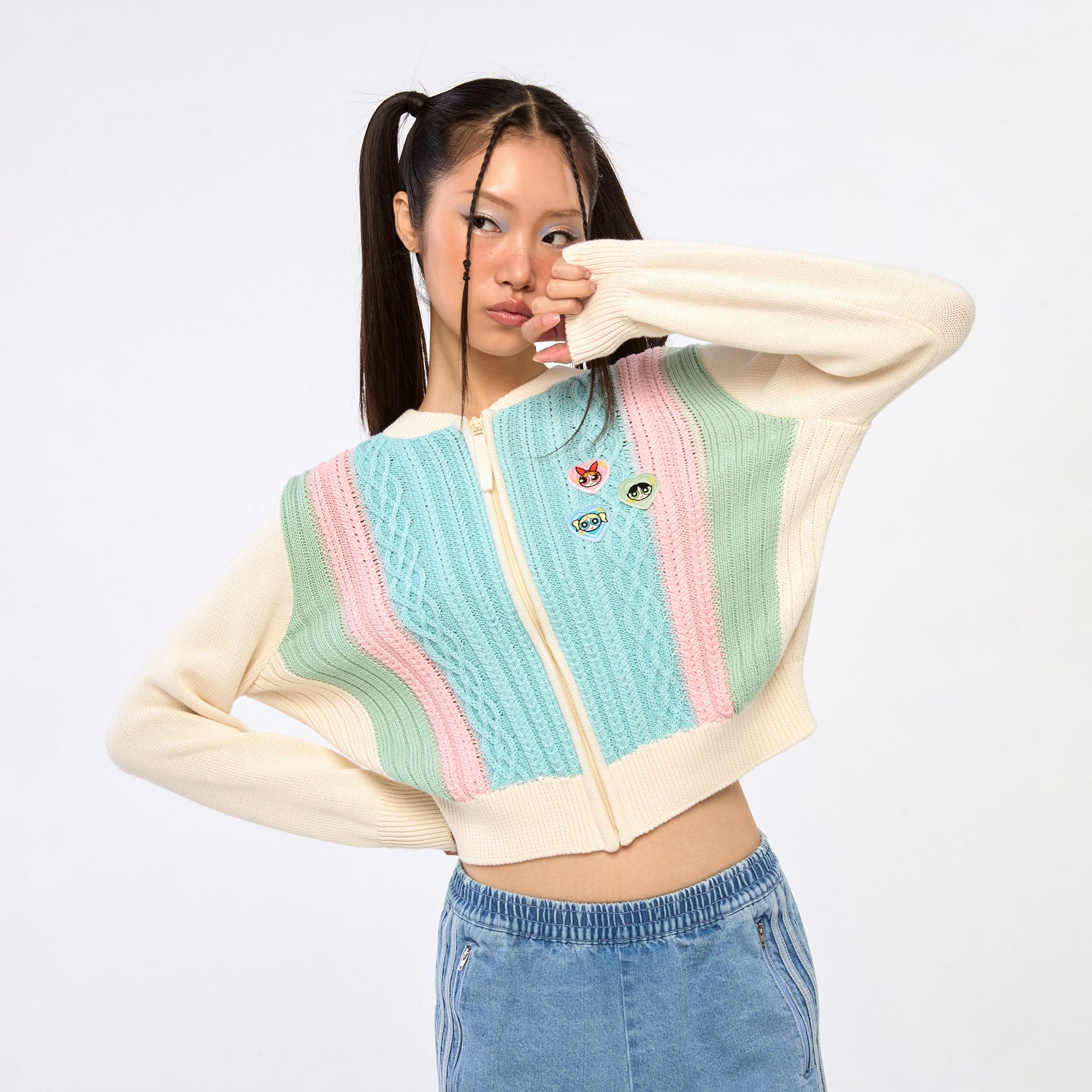 Powerpuff Girl Cable Knitted Zip Up Cardigan